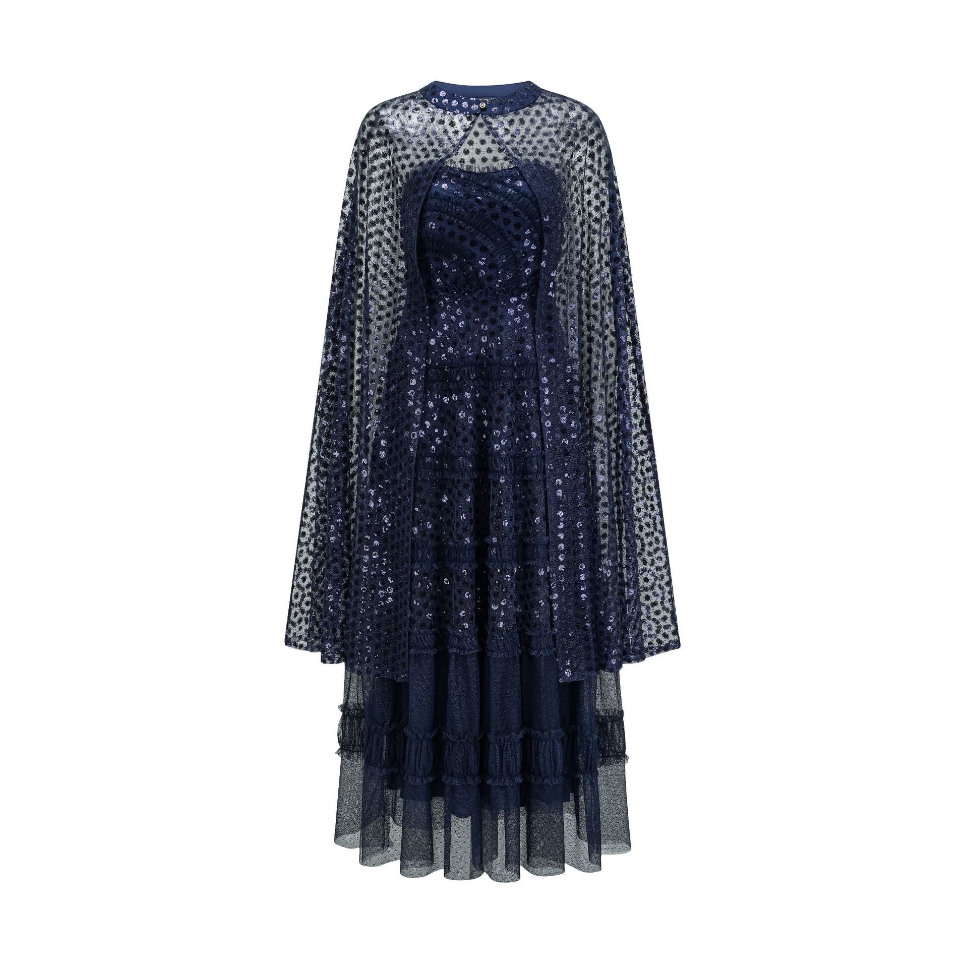 Shiny Glitter Dark Navy Two Piece Sequins Round Neck Long Prom Dress