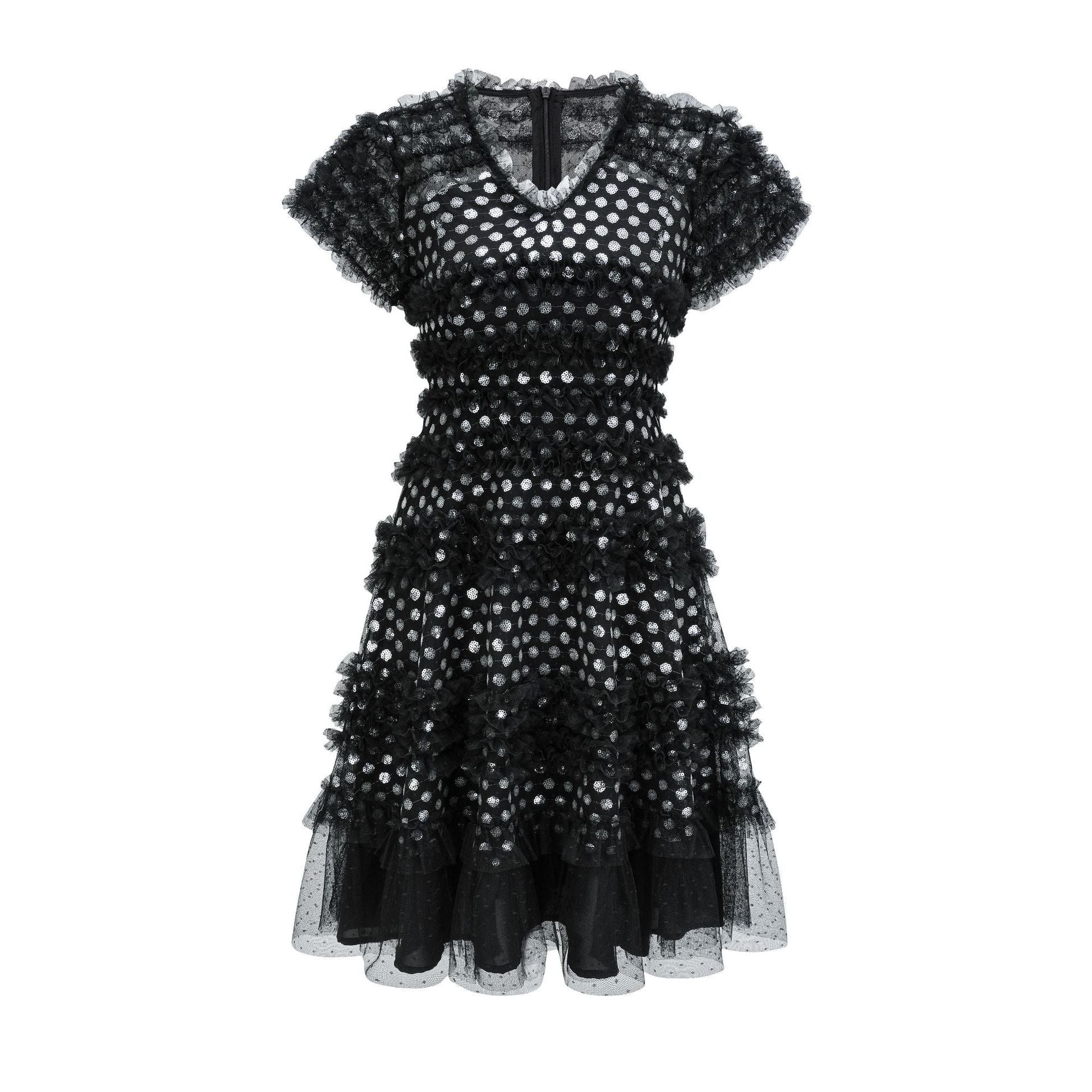 Cute Shiny Glitter V Neck Black Short Sleeves Prom Dress
