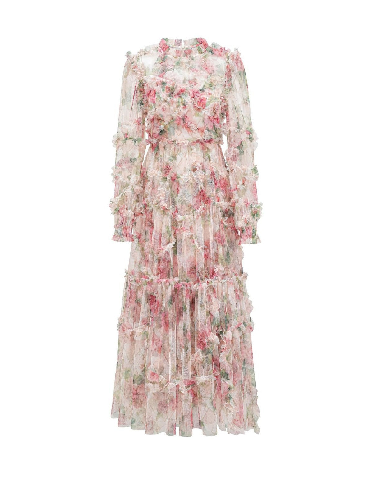 Sweet Floral Printed Long Puffy Sleeve Ruffle Tulle Apricot Prom Dresses