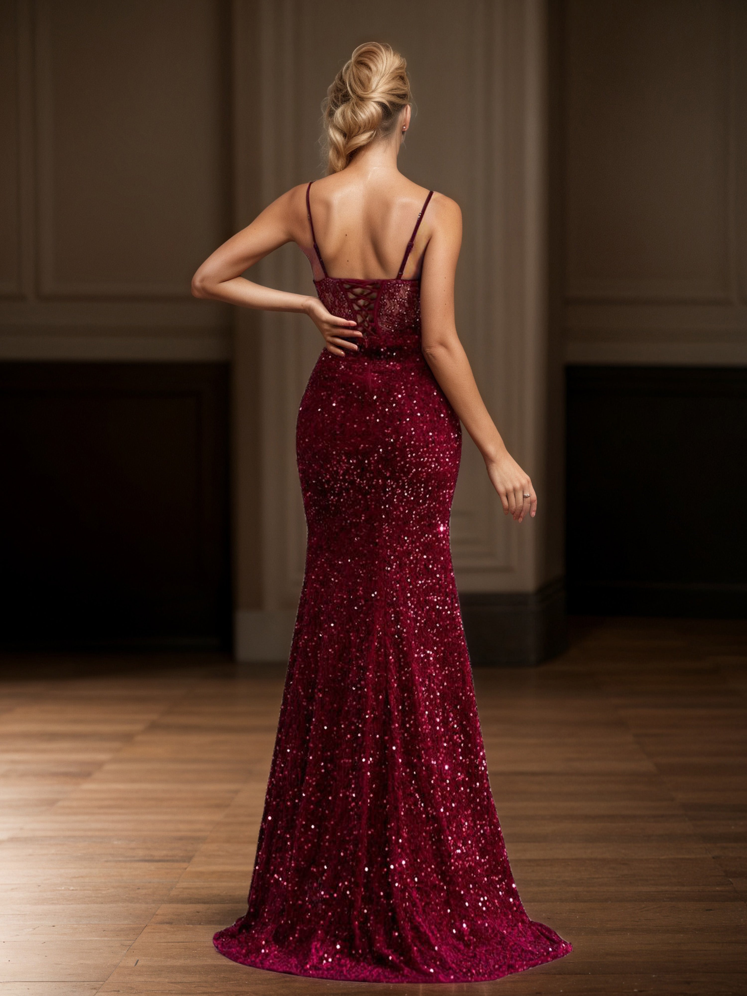 Burgundy Prom Dress Spaghetti Straps Sequins Illusion Bodice Prom Dress with High Split