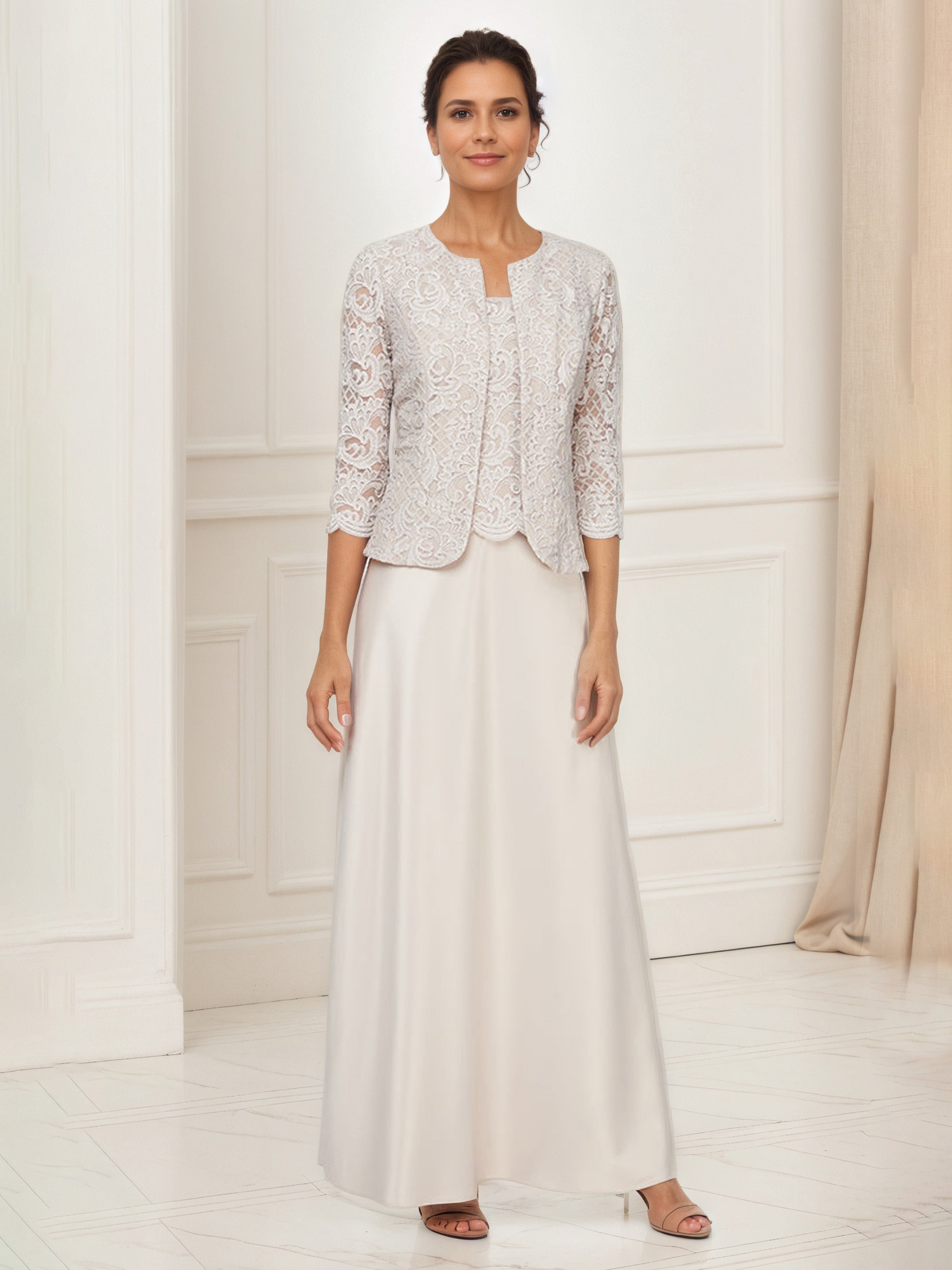 Glitter Lace Bodice Satin Taupe Mother Of The Bride Dress with Lace Jacket