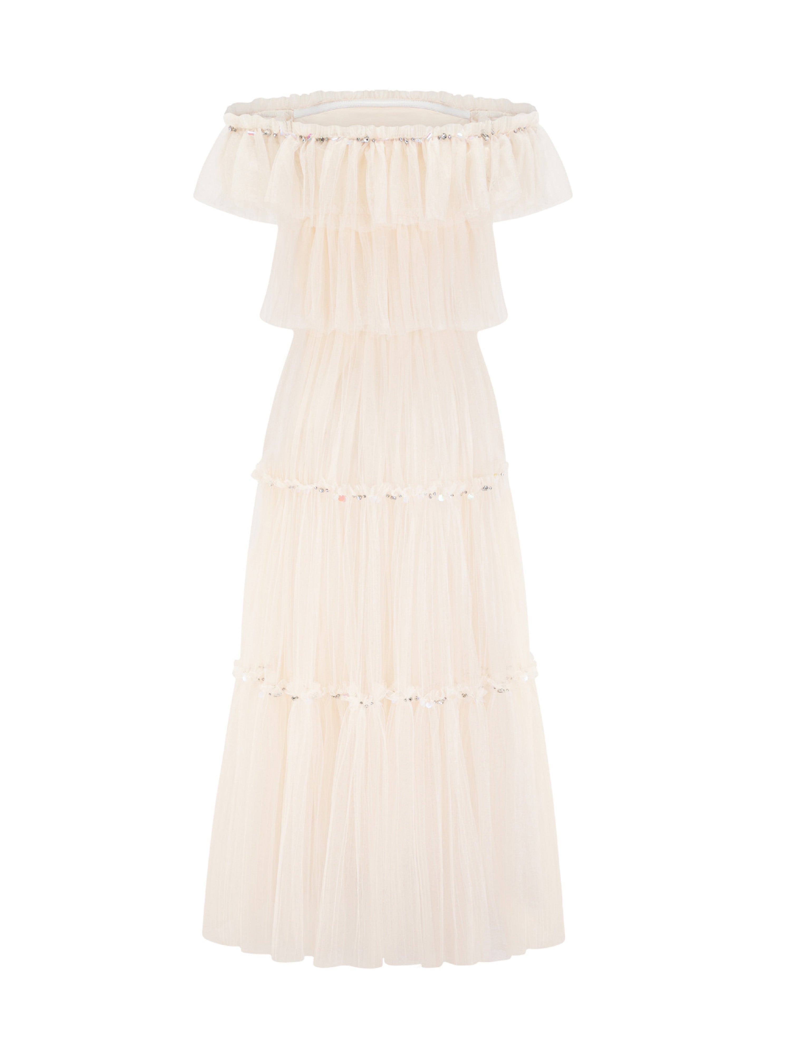 A-Line Apricot Off The Shoulder Layered Long Prom Dresses