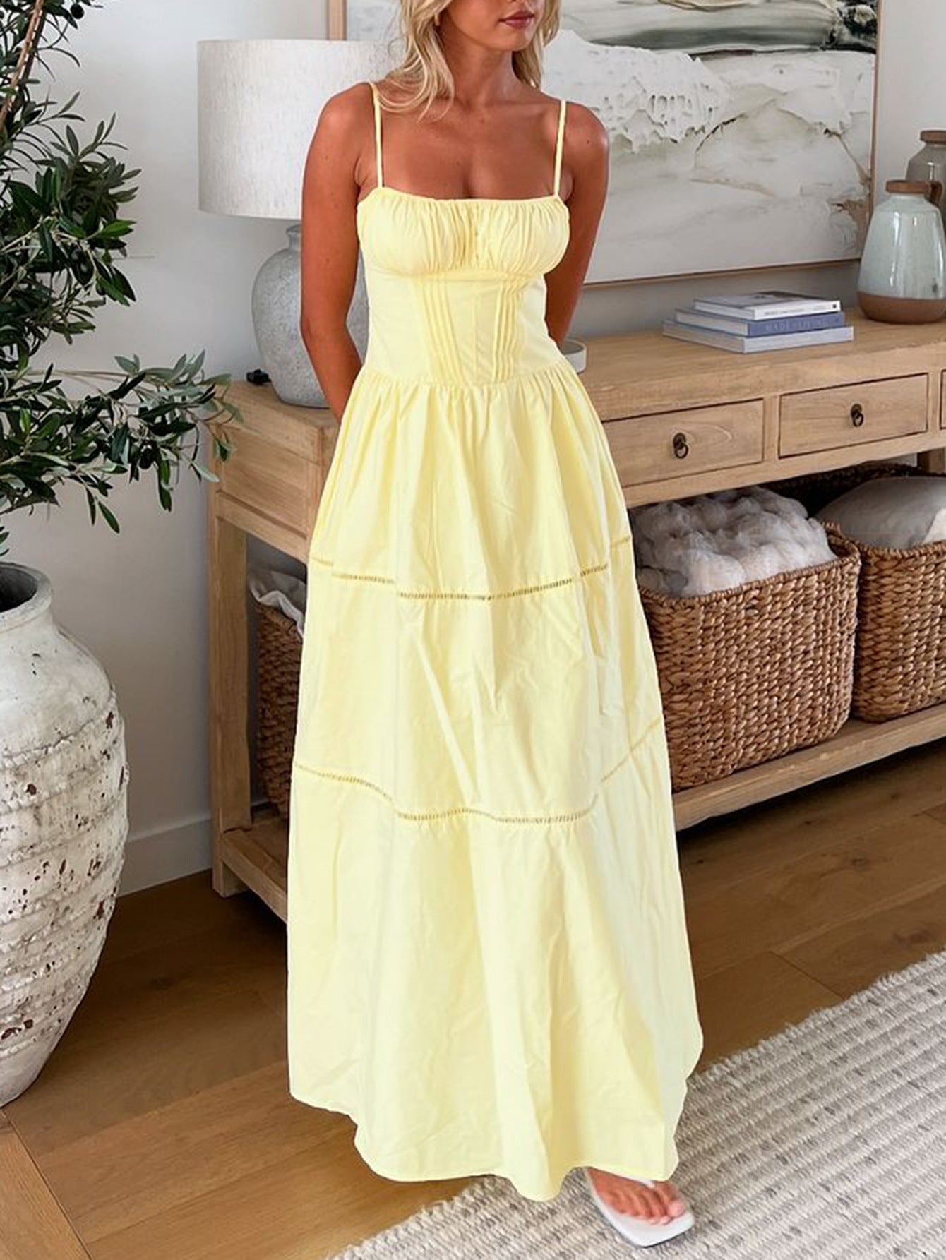 Spaghetti Straps Square Neckline Daffodil Wedding Guest Dress