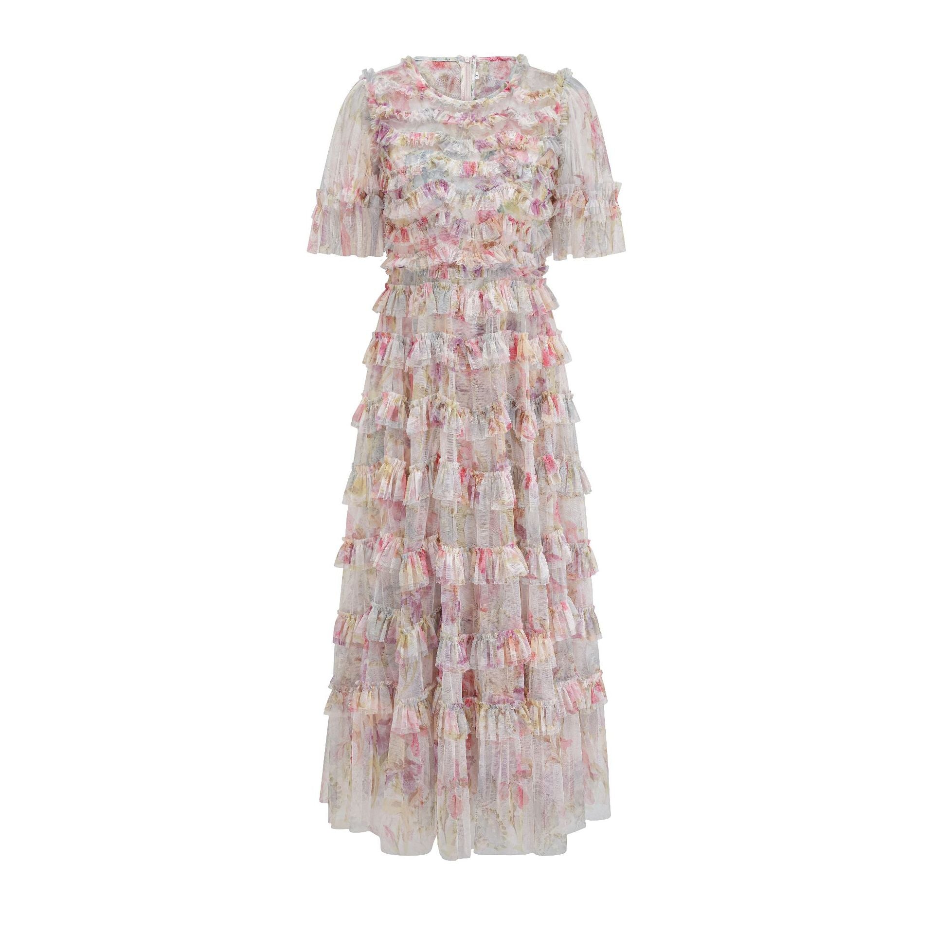 Romantic Short Sleeve Floral Printed Tulle Ruffled Prom Dresses