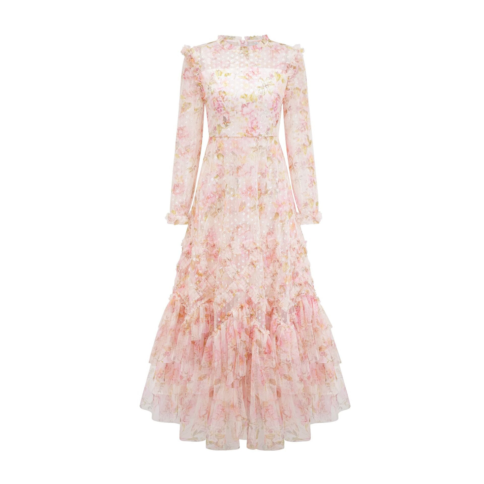 Sequins Long Sleeves A Line Round Neck Floral Prom Dress