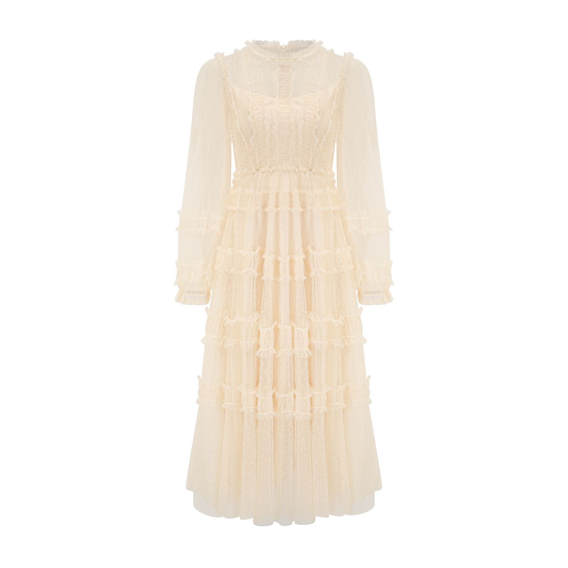 Elegant Long Sleeves Floral Round Neck Apricot Ruffles Long Prom Dress