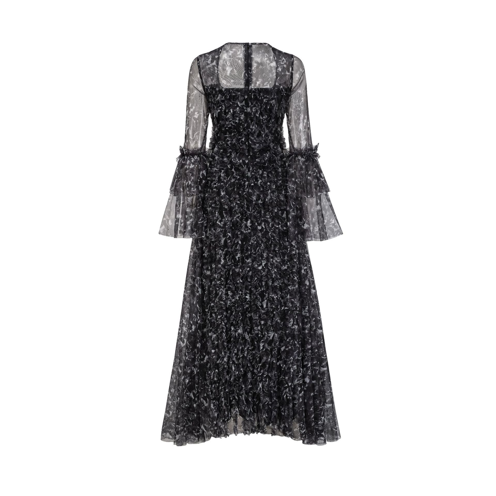Sparkly Black Illusion Flared Sleeves Floral Long Prom Dresses