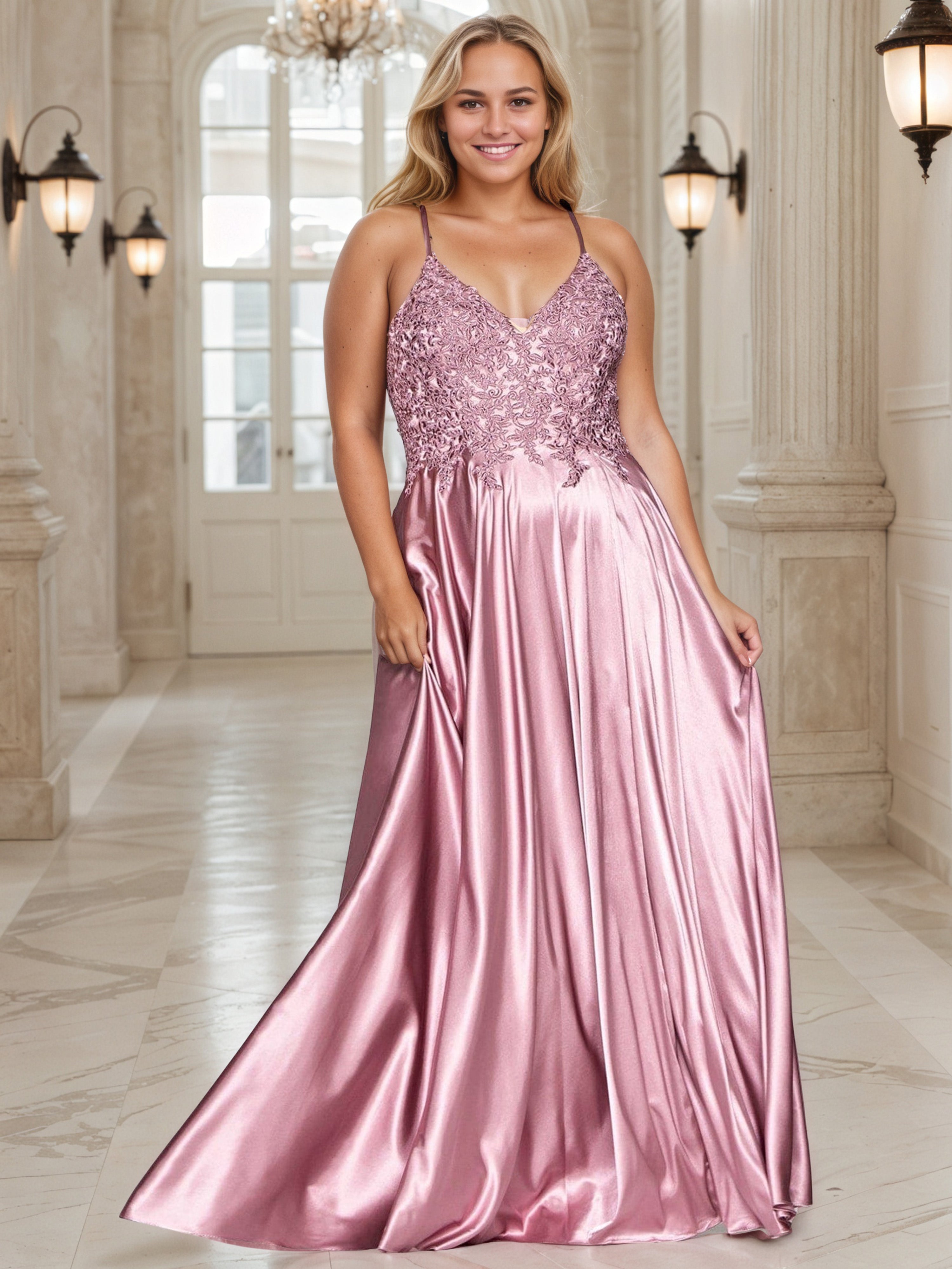 Dusty Rose Pink Lace Appliques Spaghetti Straps V-Neck Prom Dress Sleeveless Long Plus Size Dress Dusty Rose Pink Lace Appliques Spaghetti Straps V-Neck Prom Dress Sleeveless Long Plus Size Dress