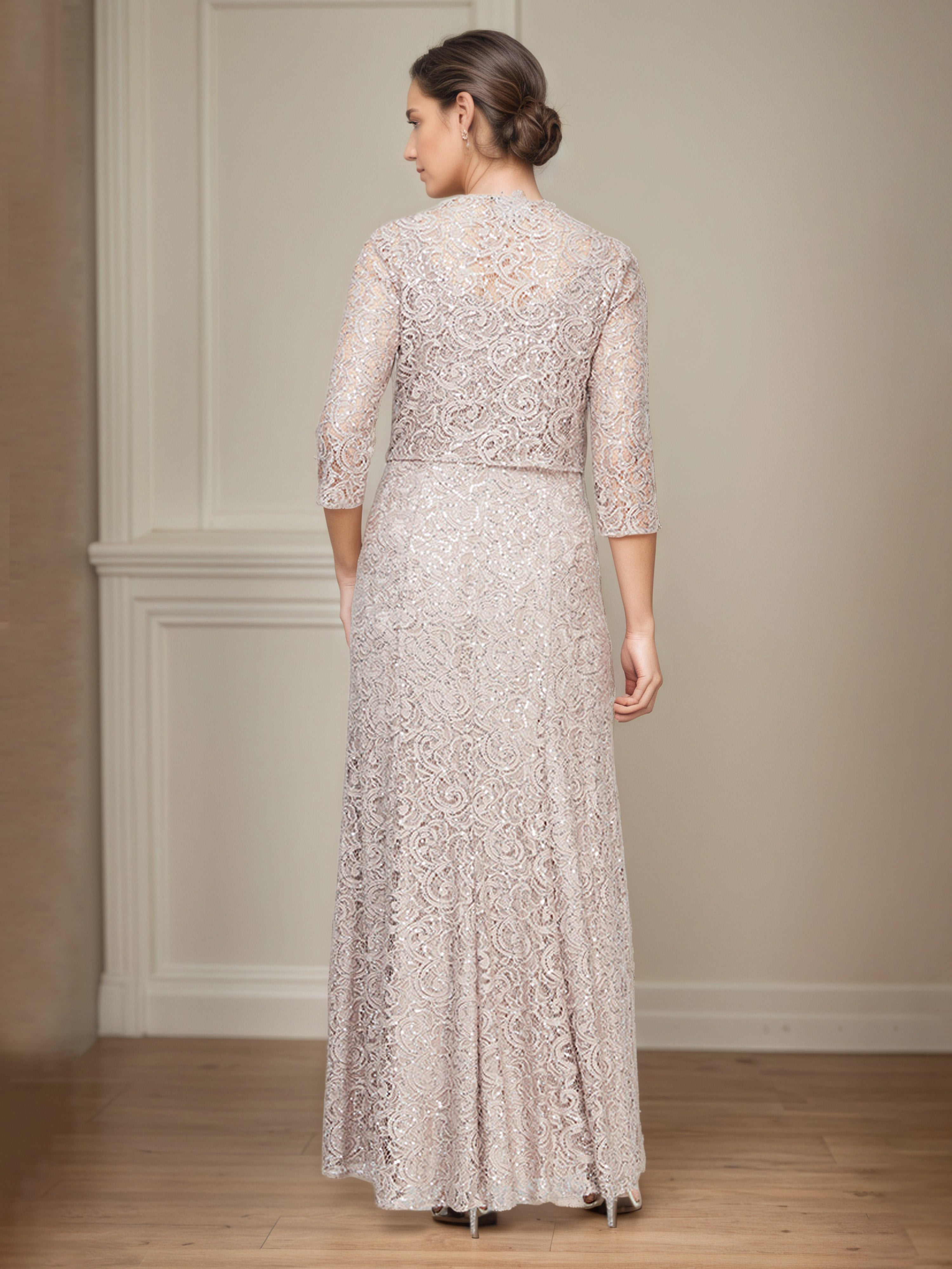 Champagne Sequin Lace Long A-Line Mother Of The Bride Dress with 3/4 Sleeve Illusion Jacket