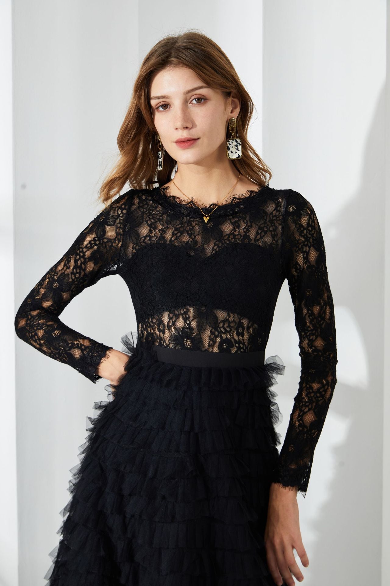 Illusion A Line Black Lace Top Long Sleeves Long Prom Dress