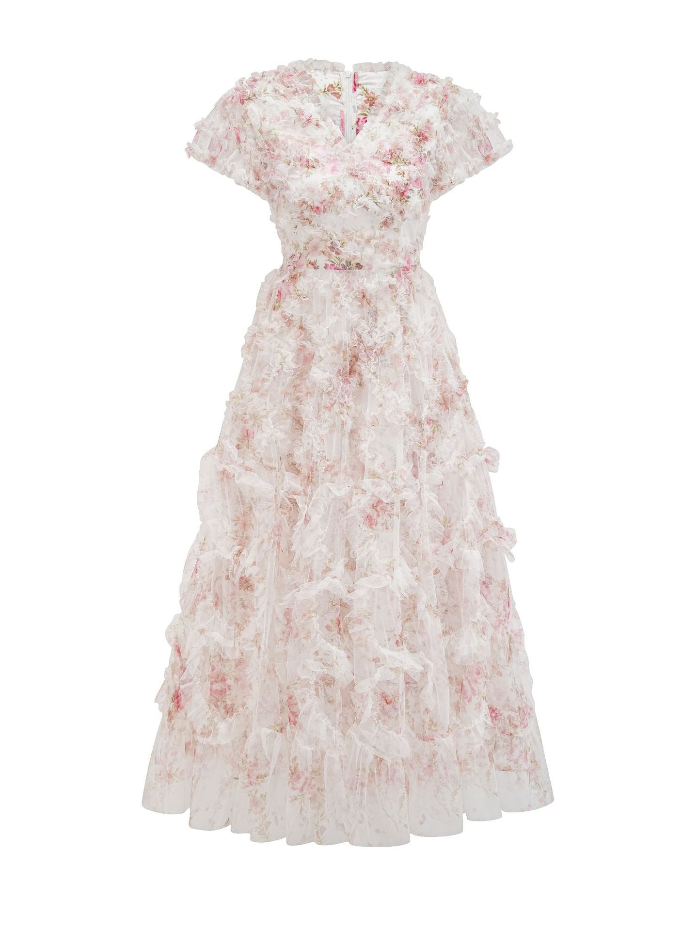 Ruffles A Line V Neck Short Sleeves Floral Prom Dress