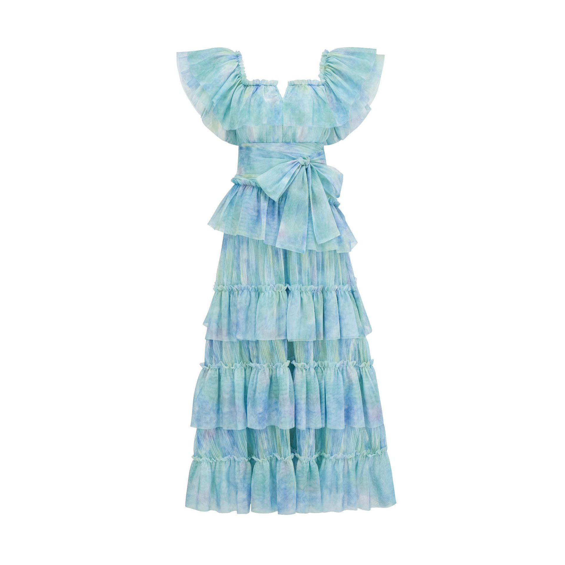 Square Neck Sweet A Line Ruffle Blue Long Prom Dress