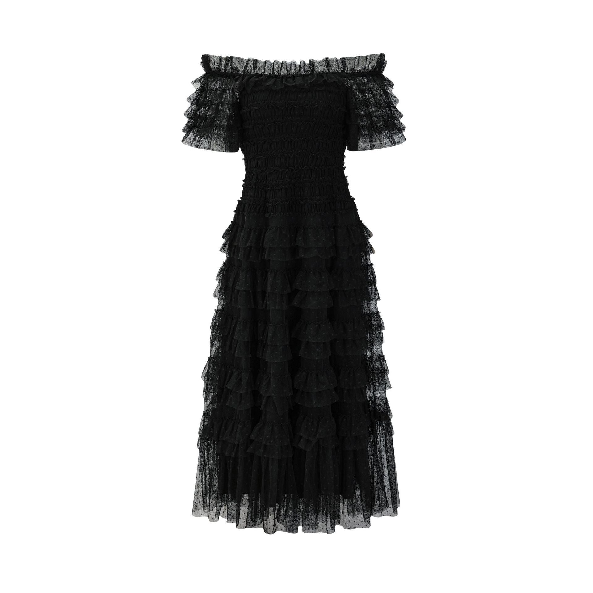 Black Strapless Short Sleeves Layered Maxi Prom Dress