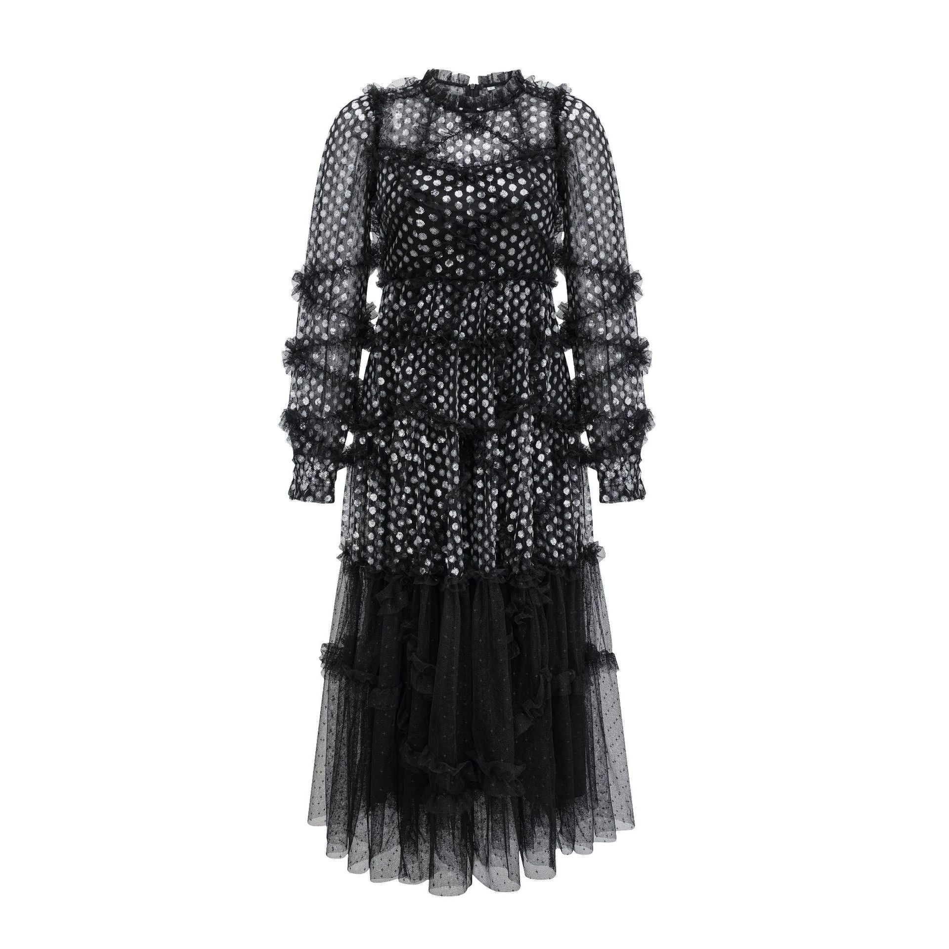 Elegant Mesh Embroidery Sequins Black Long Sleeve Prom Dress