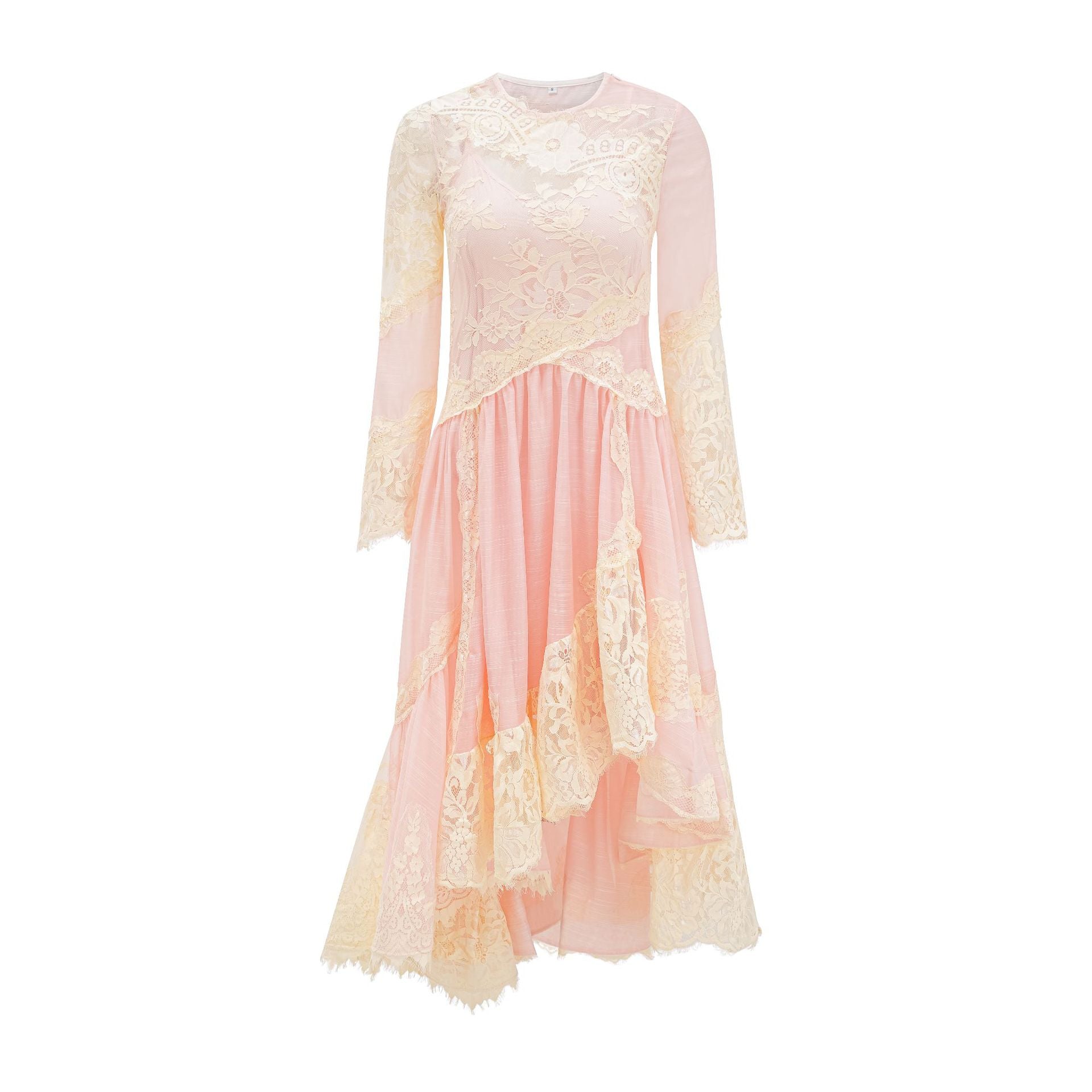Pink Sweet Halter Two Piece Lace Long Sleeve Prom Dresses