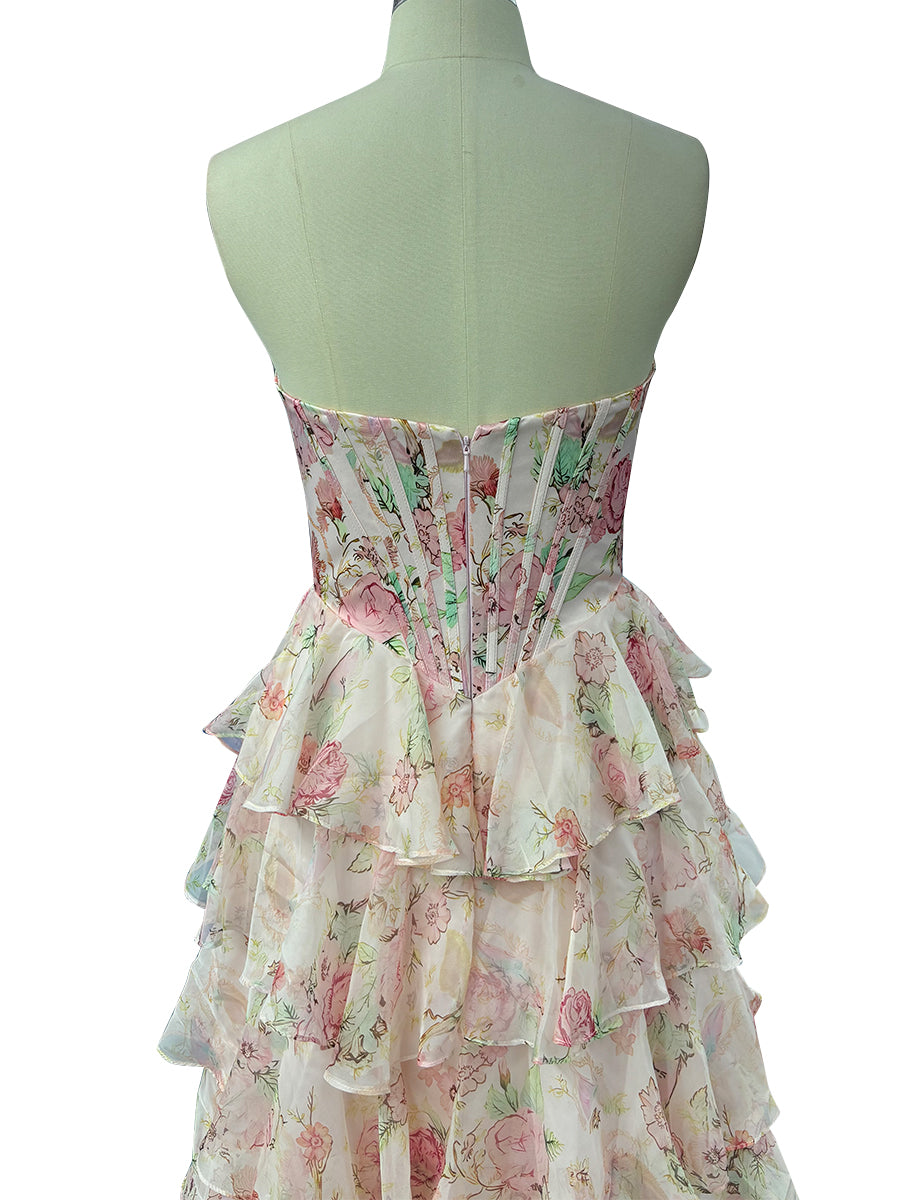 Cicinia Blushing Pink Prom Dress Floral Printed Strapless Layers Sleeveless A-Line Evening Gowns