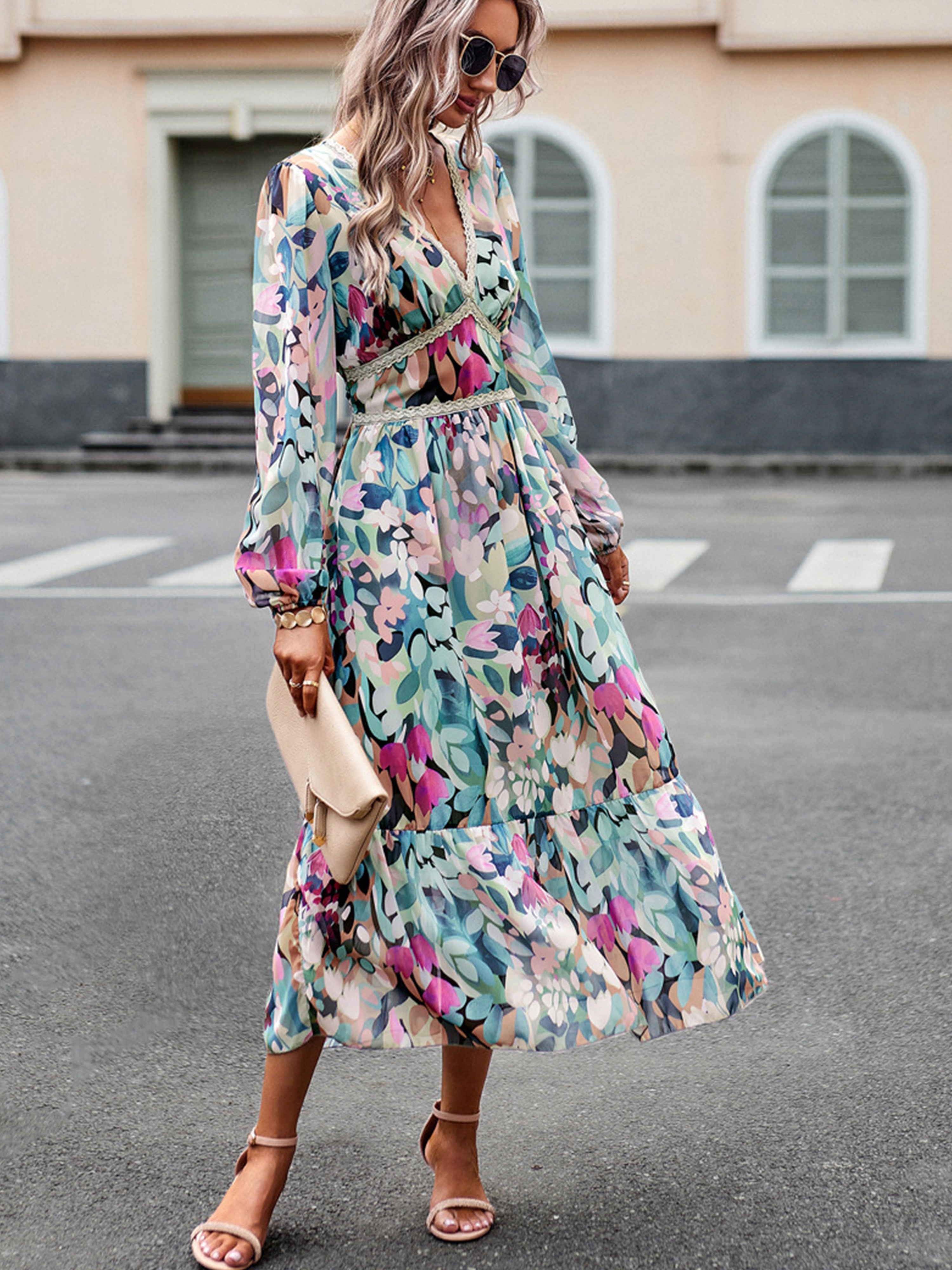 Elegant A Line V Neck Long Sleeves Floral Green Wedding Guest Dress