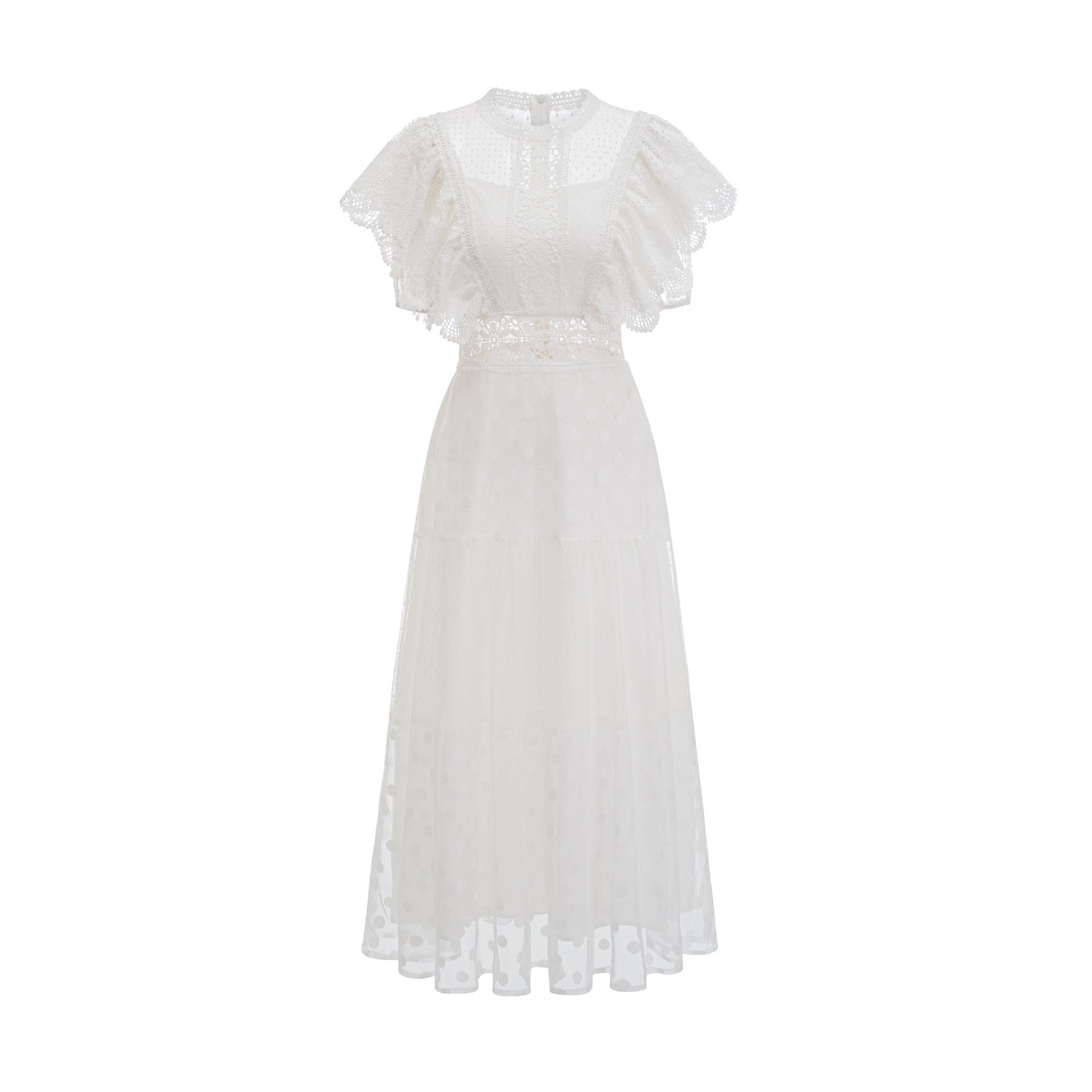 White Round Neck Sleeves Waist Slimming Polka Dot Long Prom Dress
