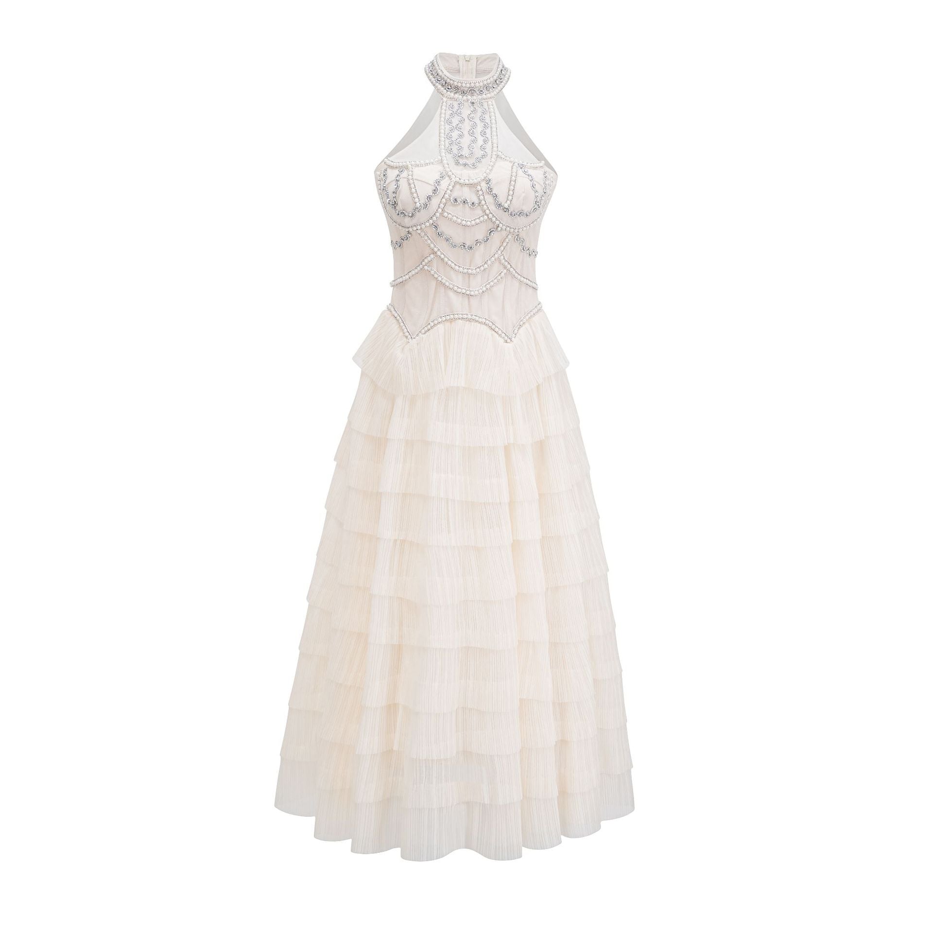 Halter Sleeveless Back Zip Apricot Layers Beading Long Prom Dress