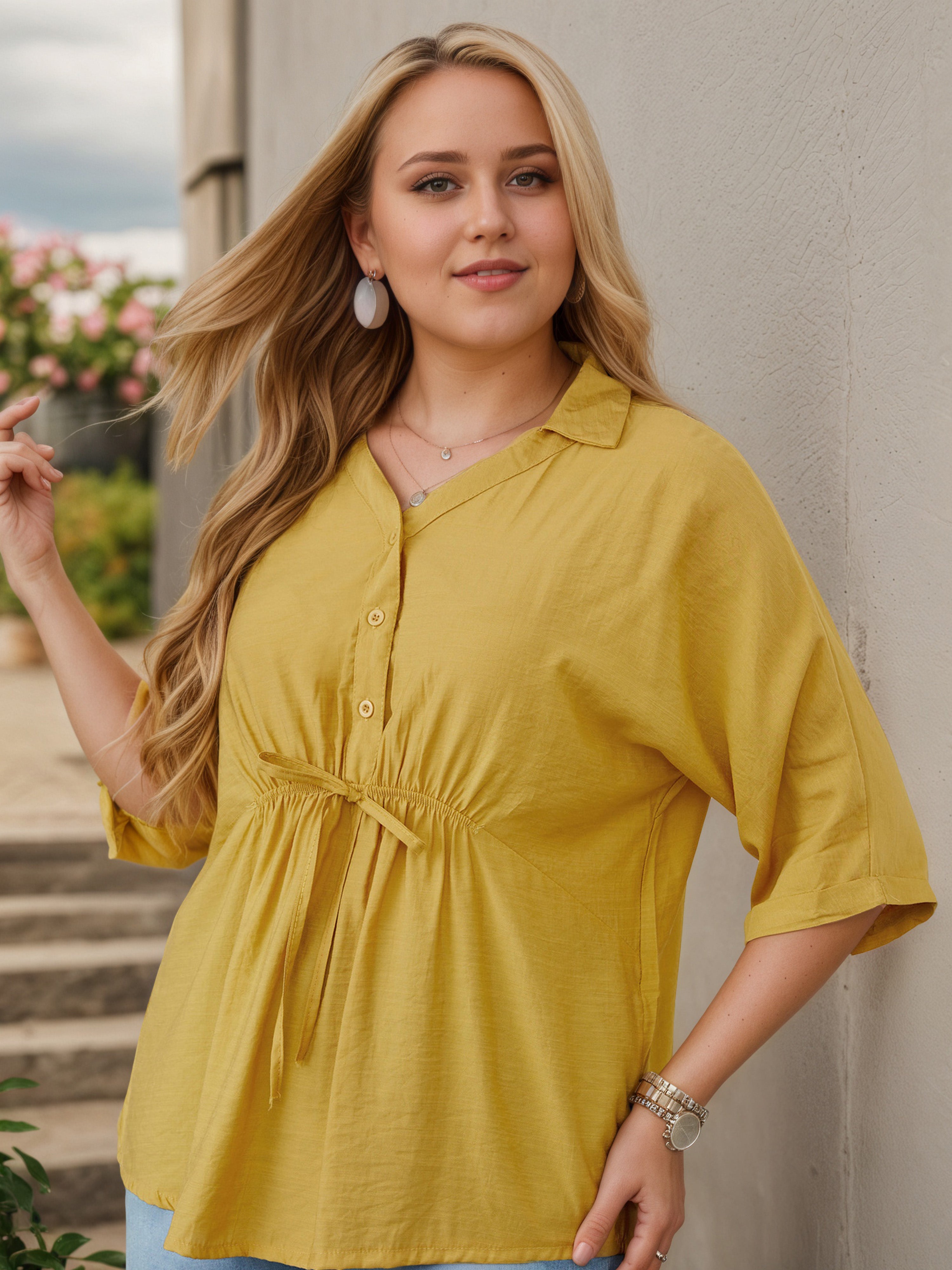 Plus V-Neck Button Half Sleeves Yellow Blouse