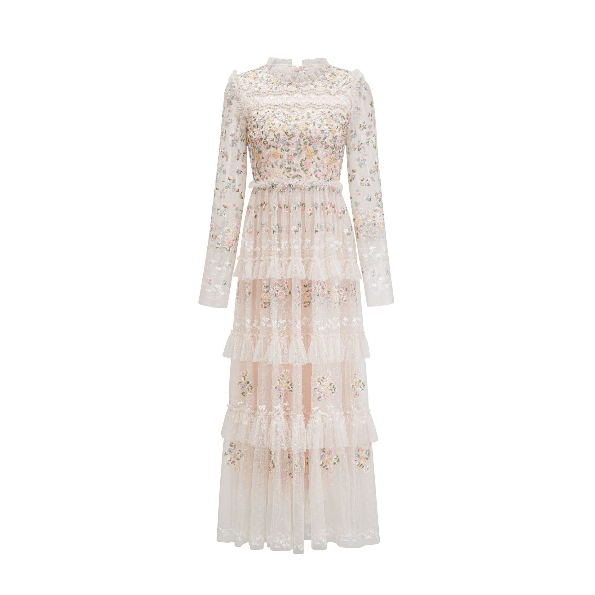 A Line Long Sleeve Floral Embroidered Tiered Prom Dress