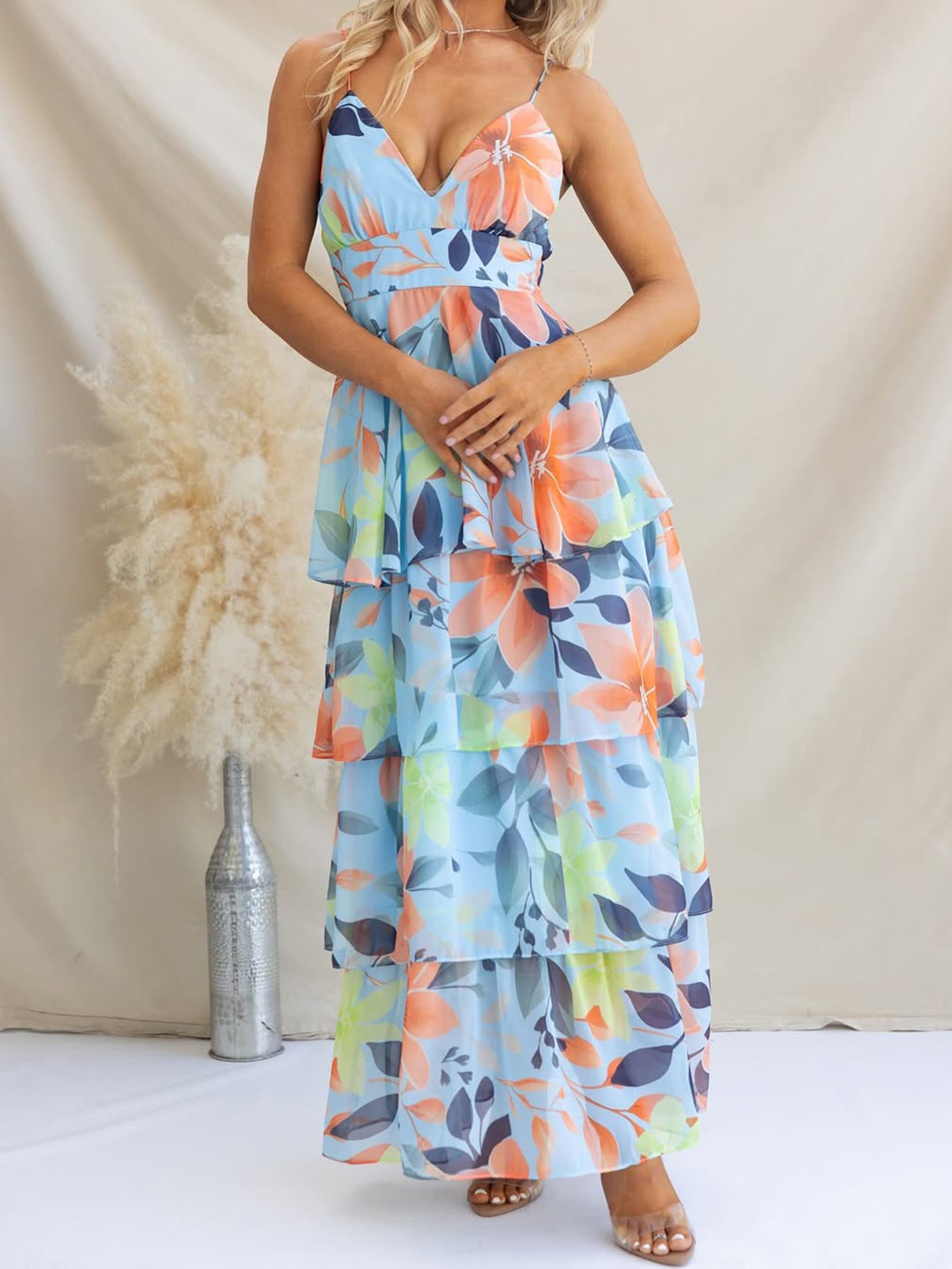 Floral Layers Spaghetti Straps Sleeveless Blue Wedding Guest Dress