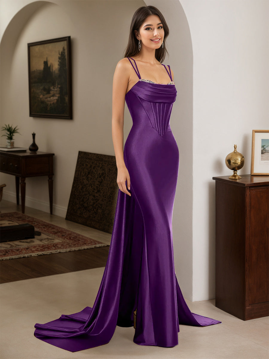 Cicinia Grape Prom Dresses Sheath Spaghetti Straps Beading Evening Dress with Split