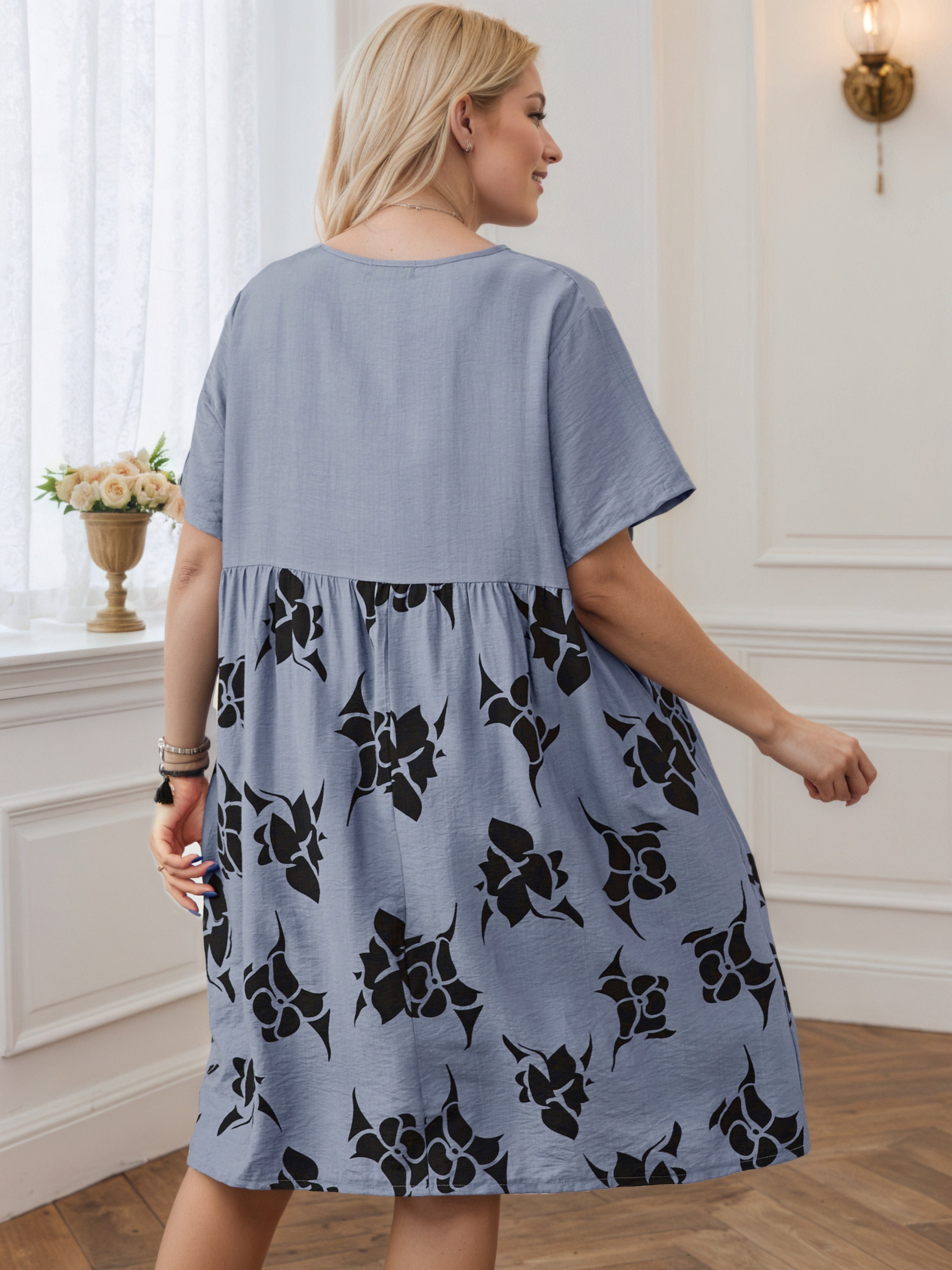 Floral Printed Knee Length Dusty Blue Plus Dress