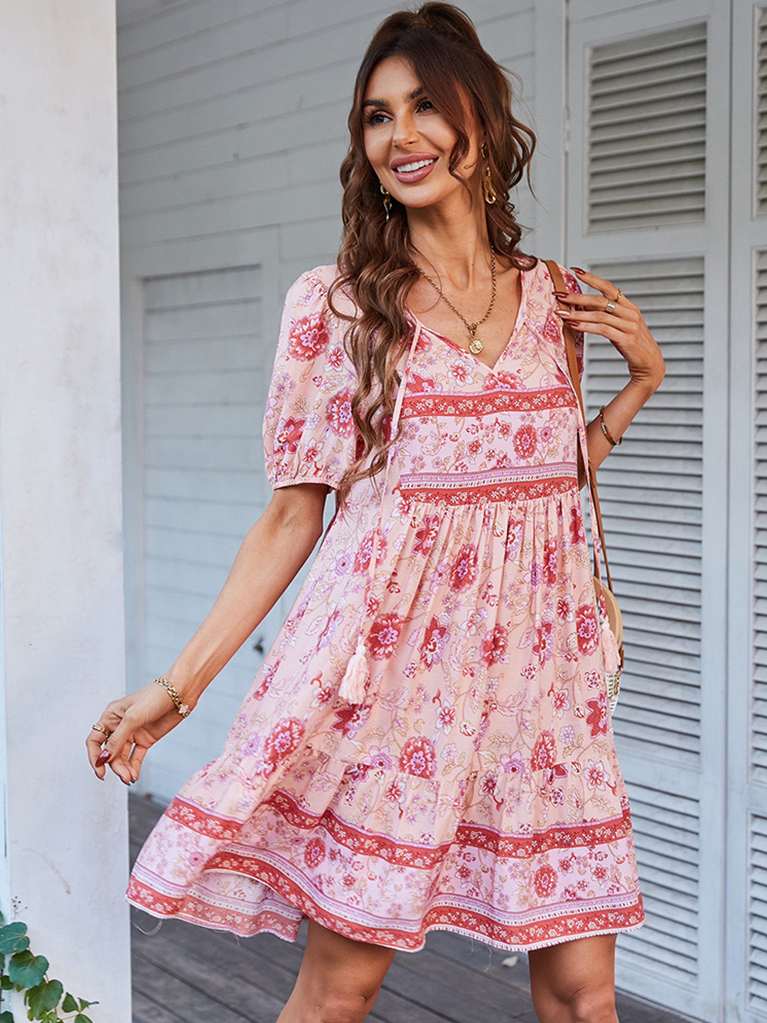 Pink V Neck Casual Boho Short Sleeves Wedding Guest Dress