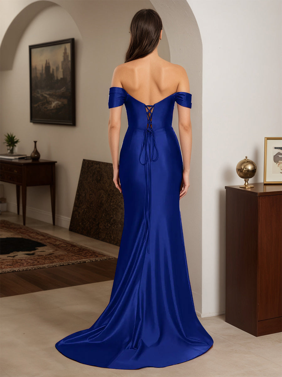 Cicinia Royal Blue Prom Dresses Off The Shoulder Trumpet Beading Strapless Sweep Train Gown
