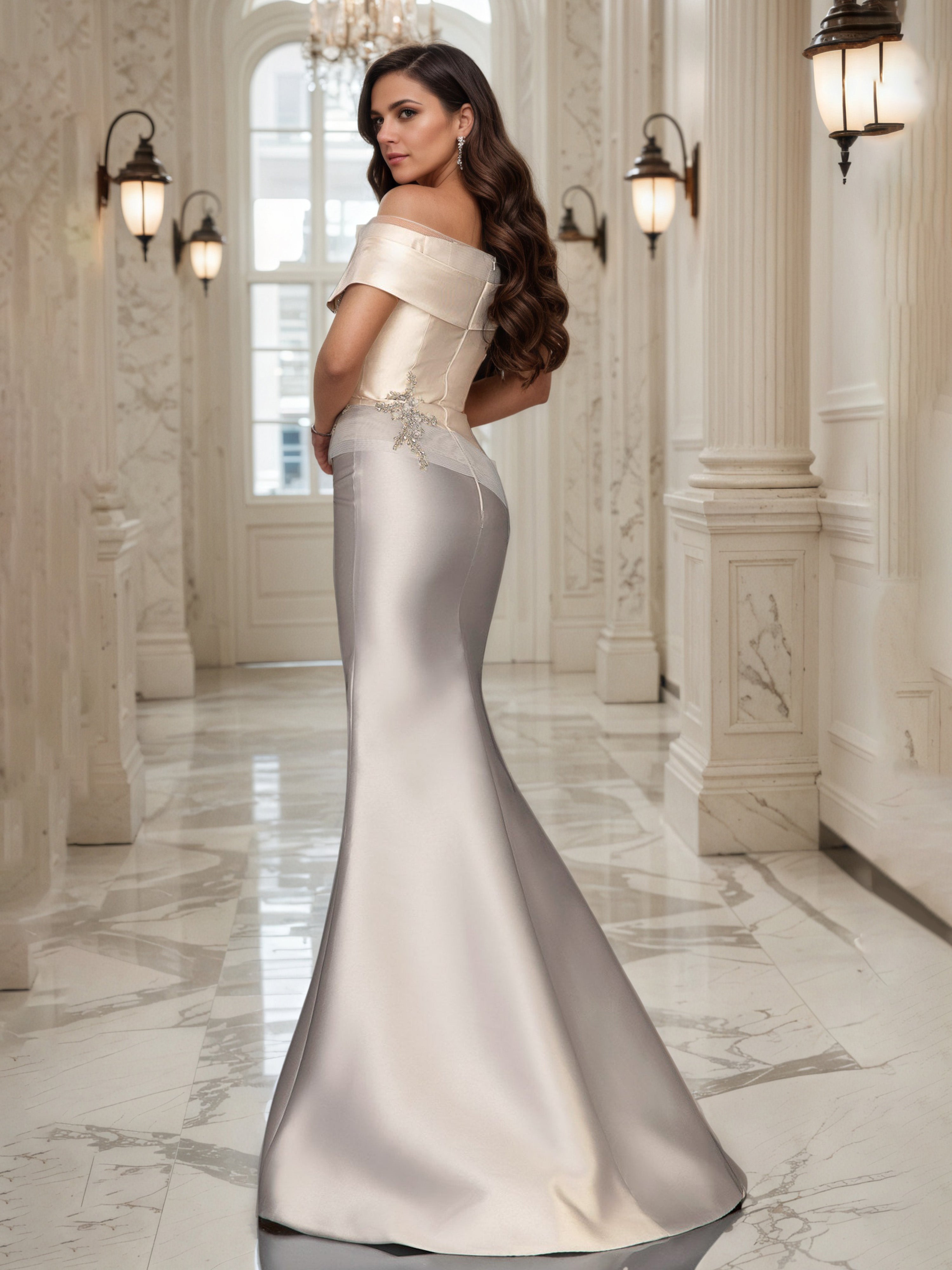Taupe Satin Prom Dresses Sweep/Brush Train Off The Shoulder Prom Dress with Beading