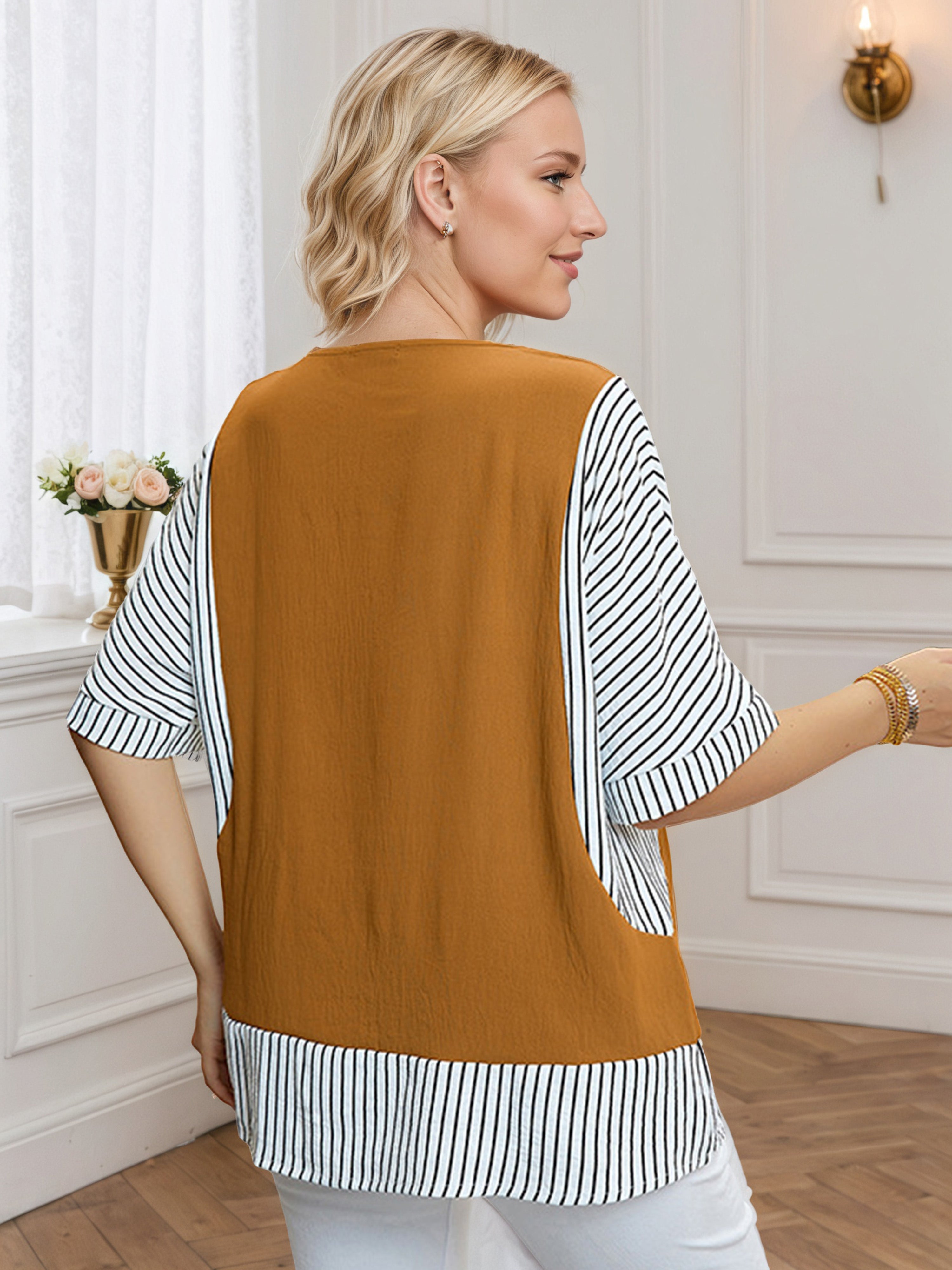 Striped Print Khaki Round Neck Half Sleeve Tee
