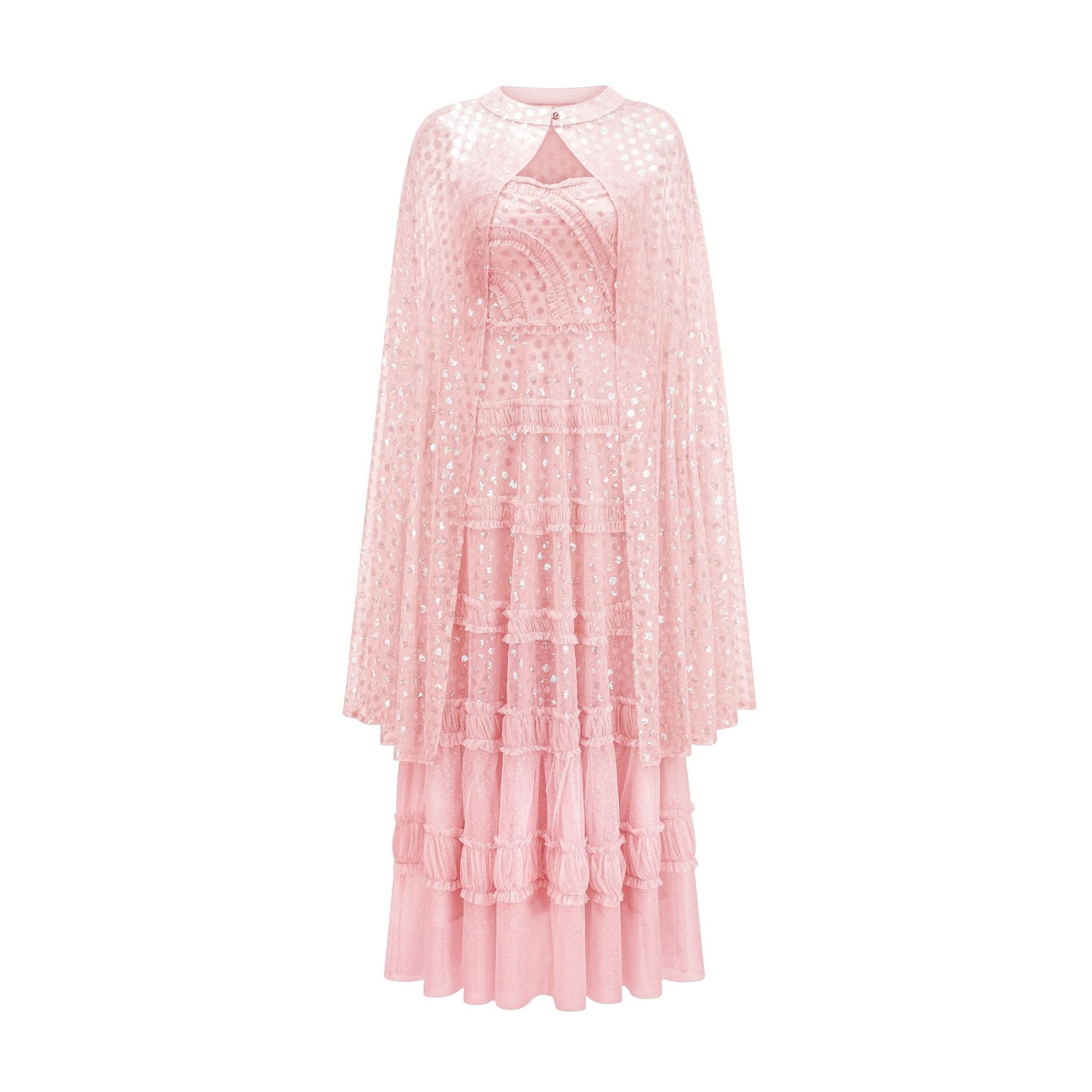 Shiny Glitter Pink Two Piece Sequins Round Neck Long Prom Dress