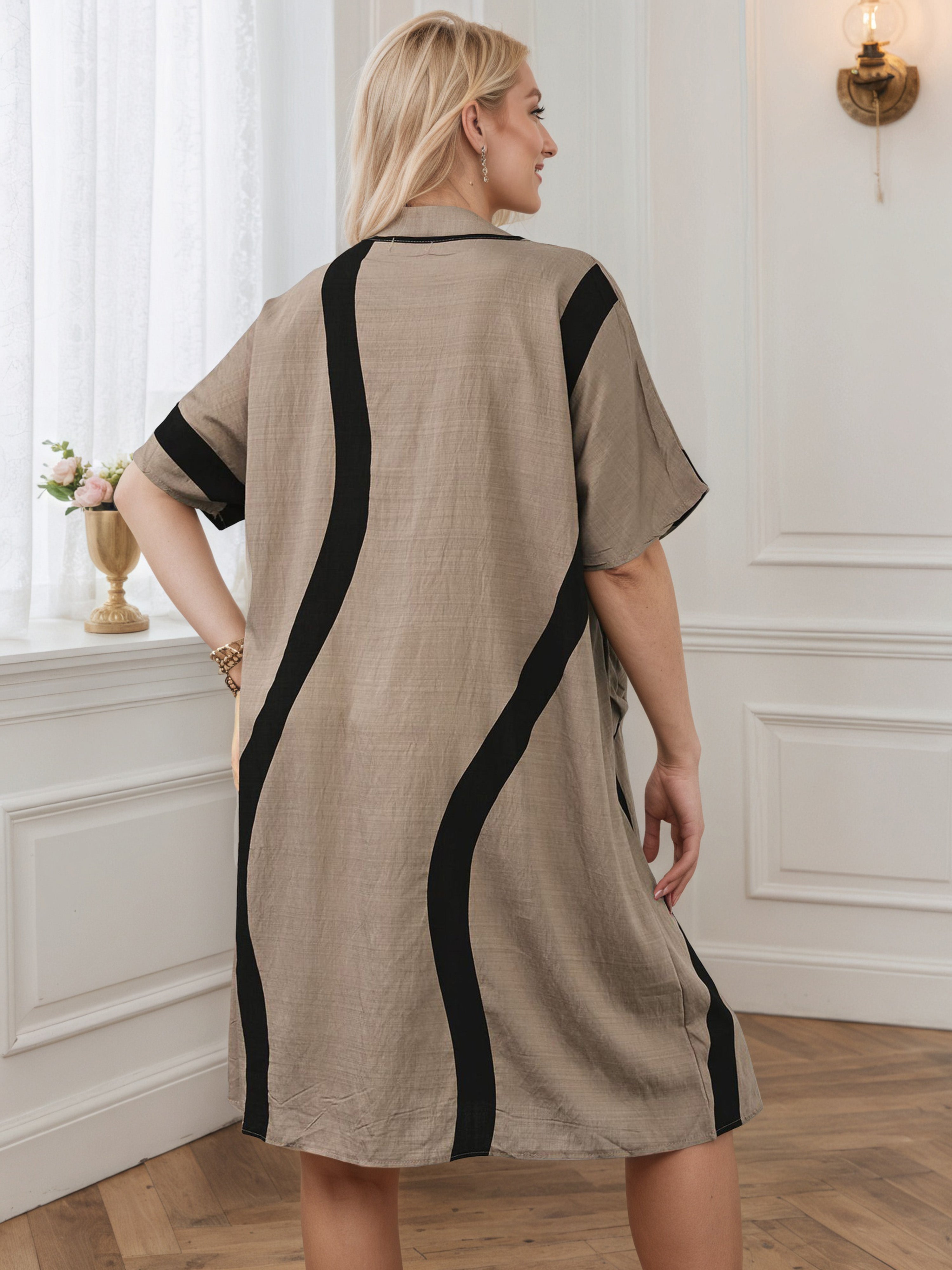 Crew Neck Loose Knee Length Taupe Contrast Plus Size Dress