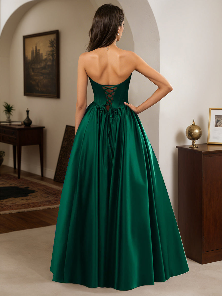 Cicinia Dark Green Prom Dresses Satin Strapless A-Line Floor Length Sleeveless Pretty Gown