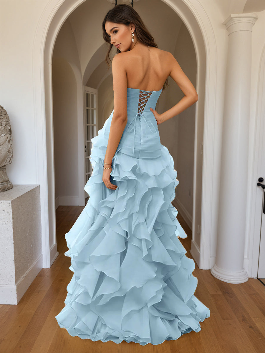 Cicinia Sky Blue Prom Dresses Sheath Slit Strapless Sleeveless Layers Ruffles Side Gowns