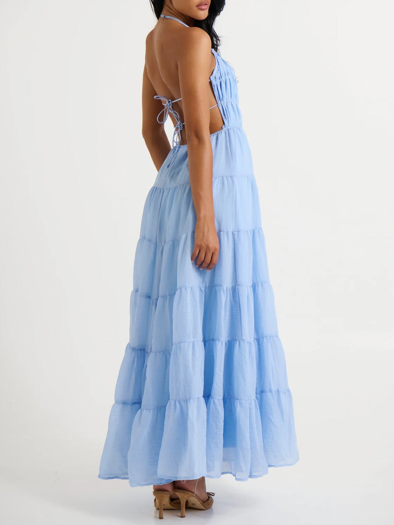 Halter Sky Blue Sleeveless Ankle length Wedding Guest Dress with Open Back