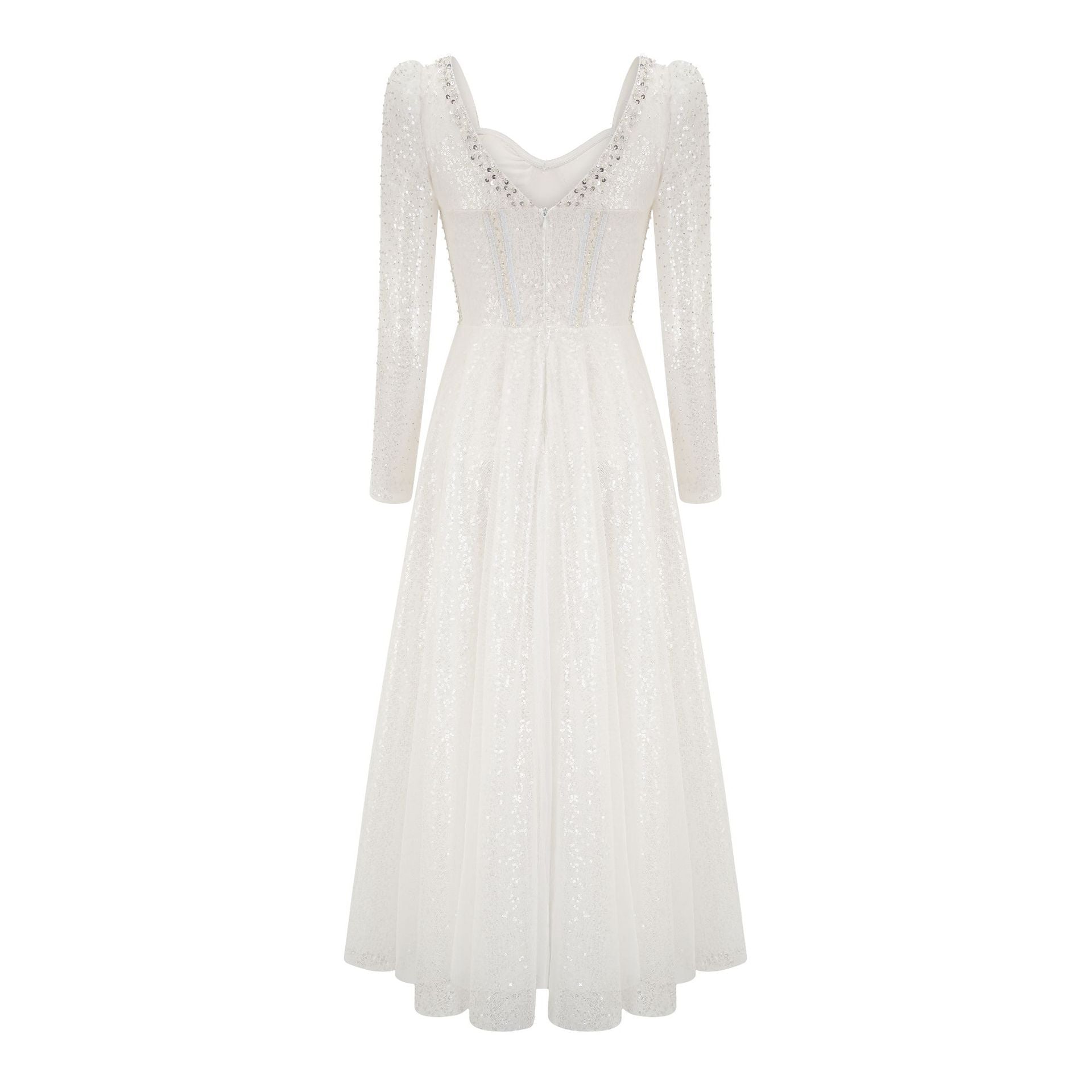 Sparkly White Sweetheart Long Sleeves Sequined Tea Length Prom Dress