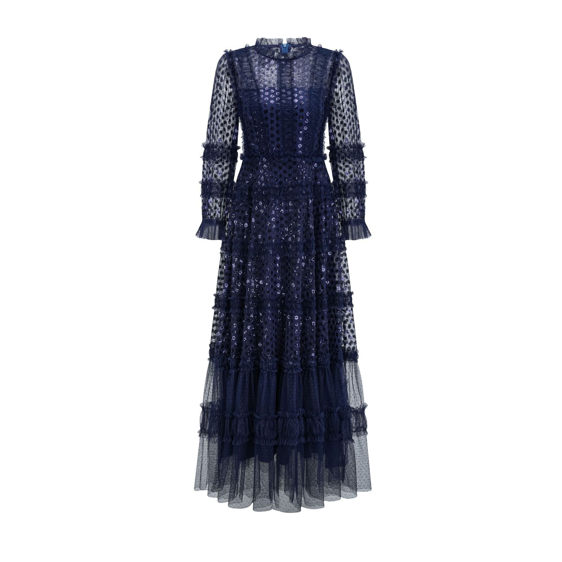 A Line Sequins Solid Color Dark Navy Long Sleeves Prom Dress
