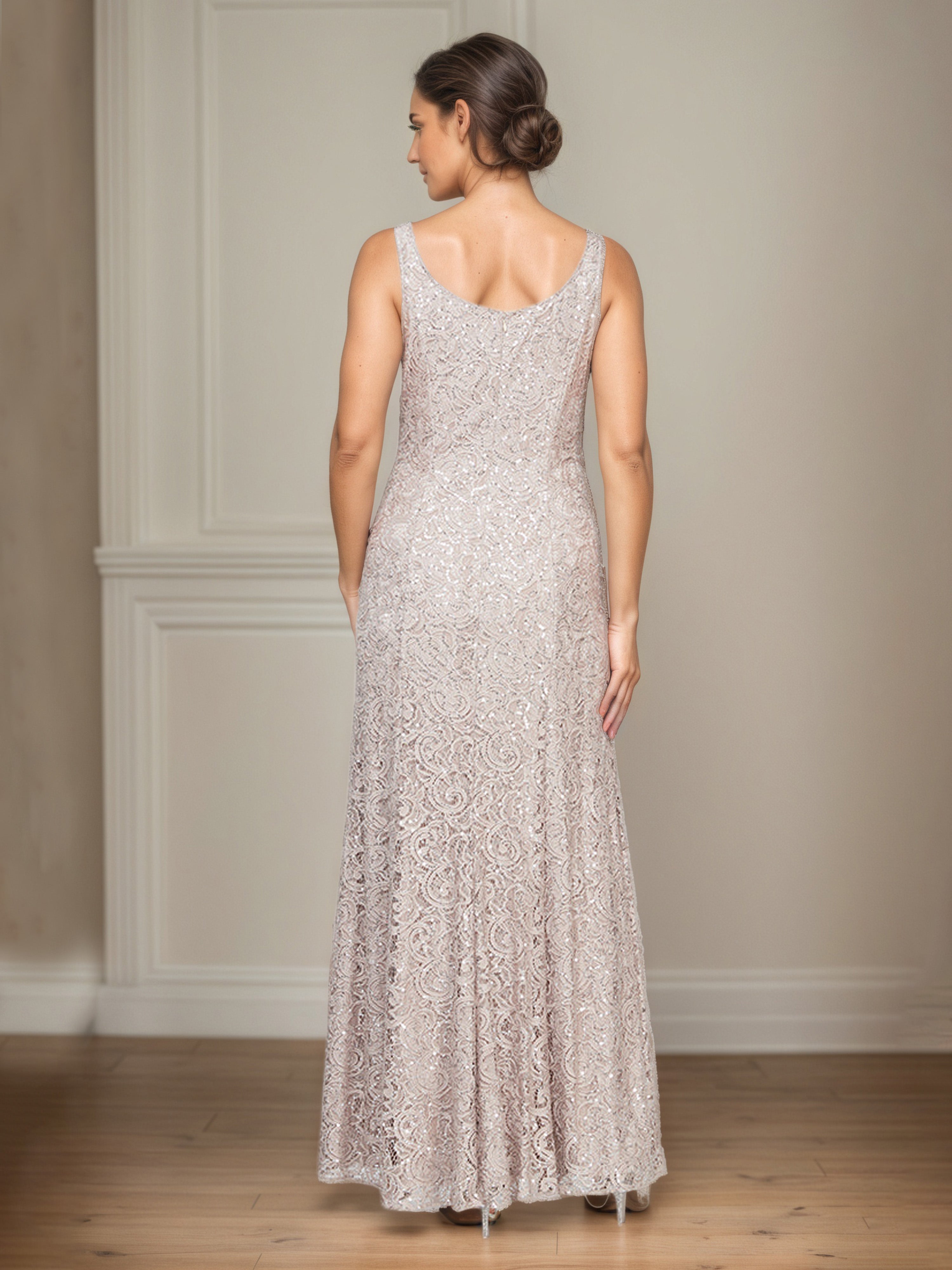 Champagne Sequin Lace Long A-Line Mother Of The Bride Dress with 3/4 Sleeve Illusion Jacket