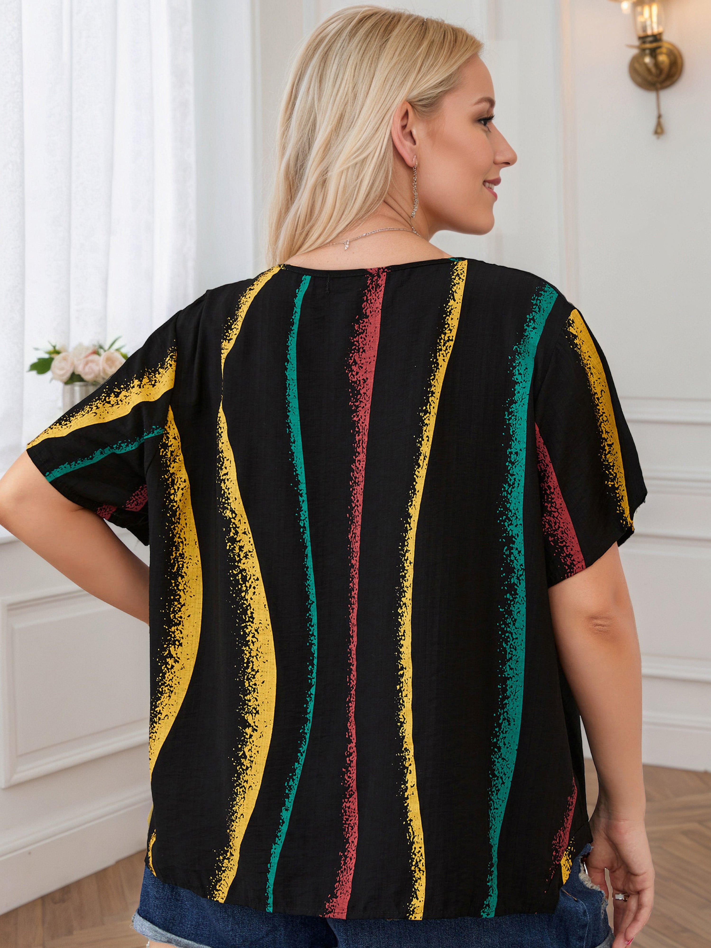 Plus Striped Print Black Contrast Blouse