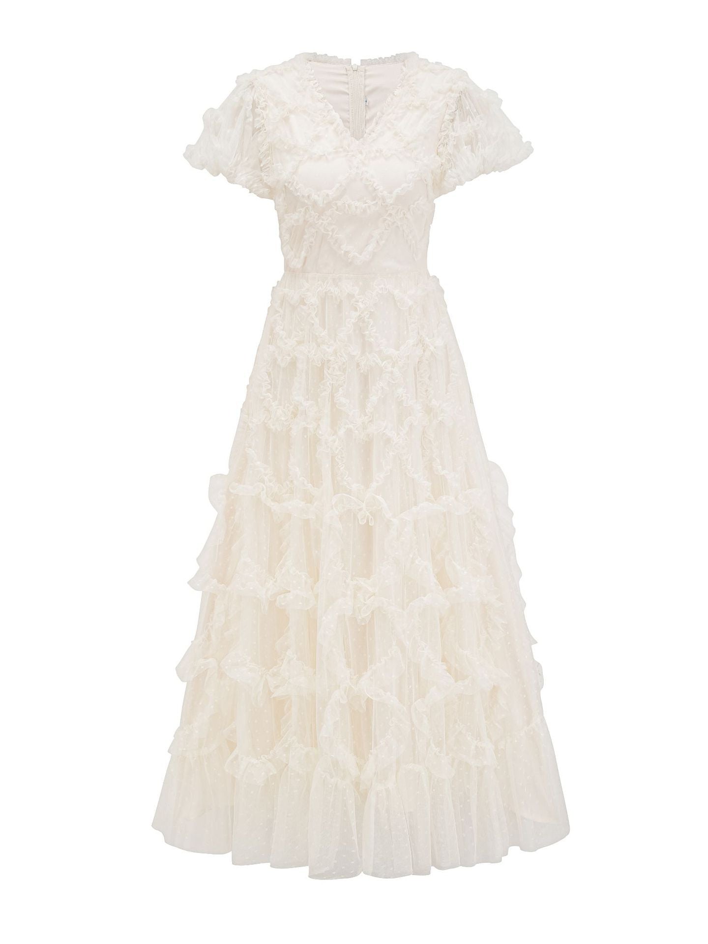Ruffles A Line V Neck Short Sleeves Apricot Prom Dress