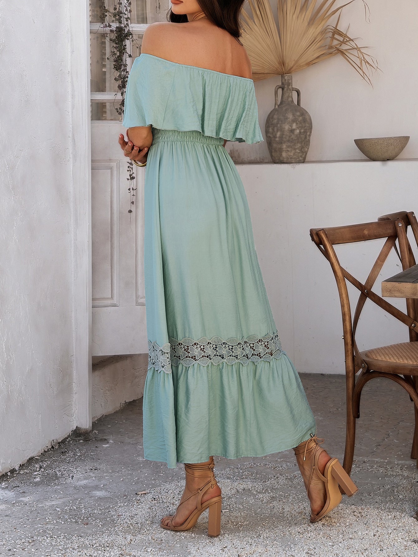 One Shoulder Short Sleeves Celadon Ruffle Bodice Wedding Guest Dress