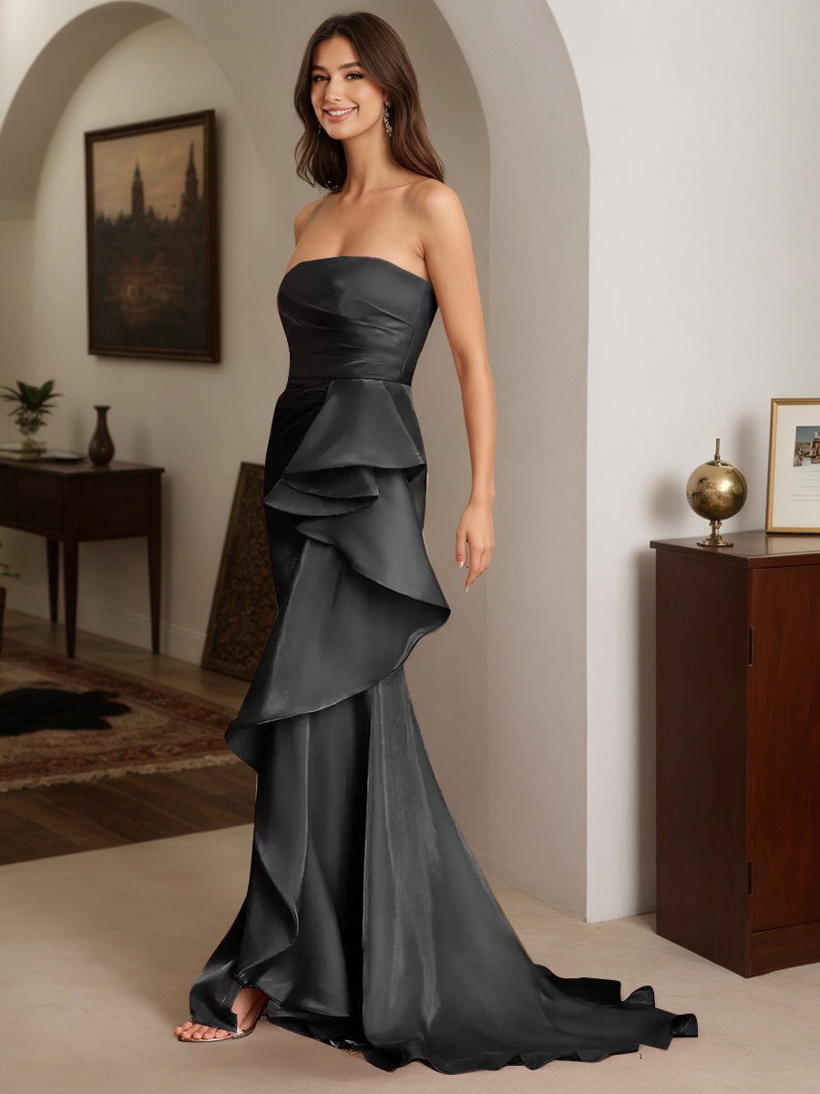 Cicinia Black Prom Dresses Strapless Sheath Slit Party Dress with Sweep Train