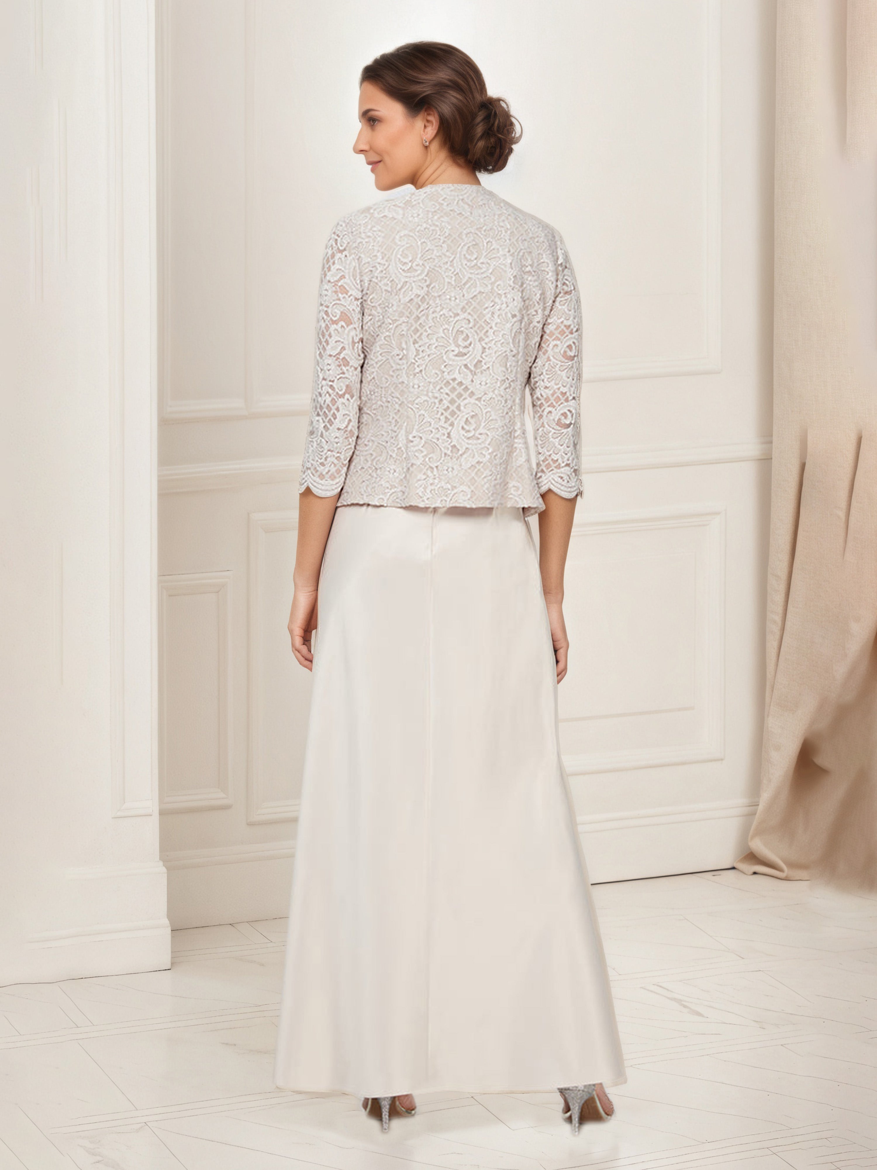 Glitter Lace Bodice Satin Taupe Mother Of The Bride Dress with Lace Jacket