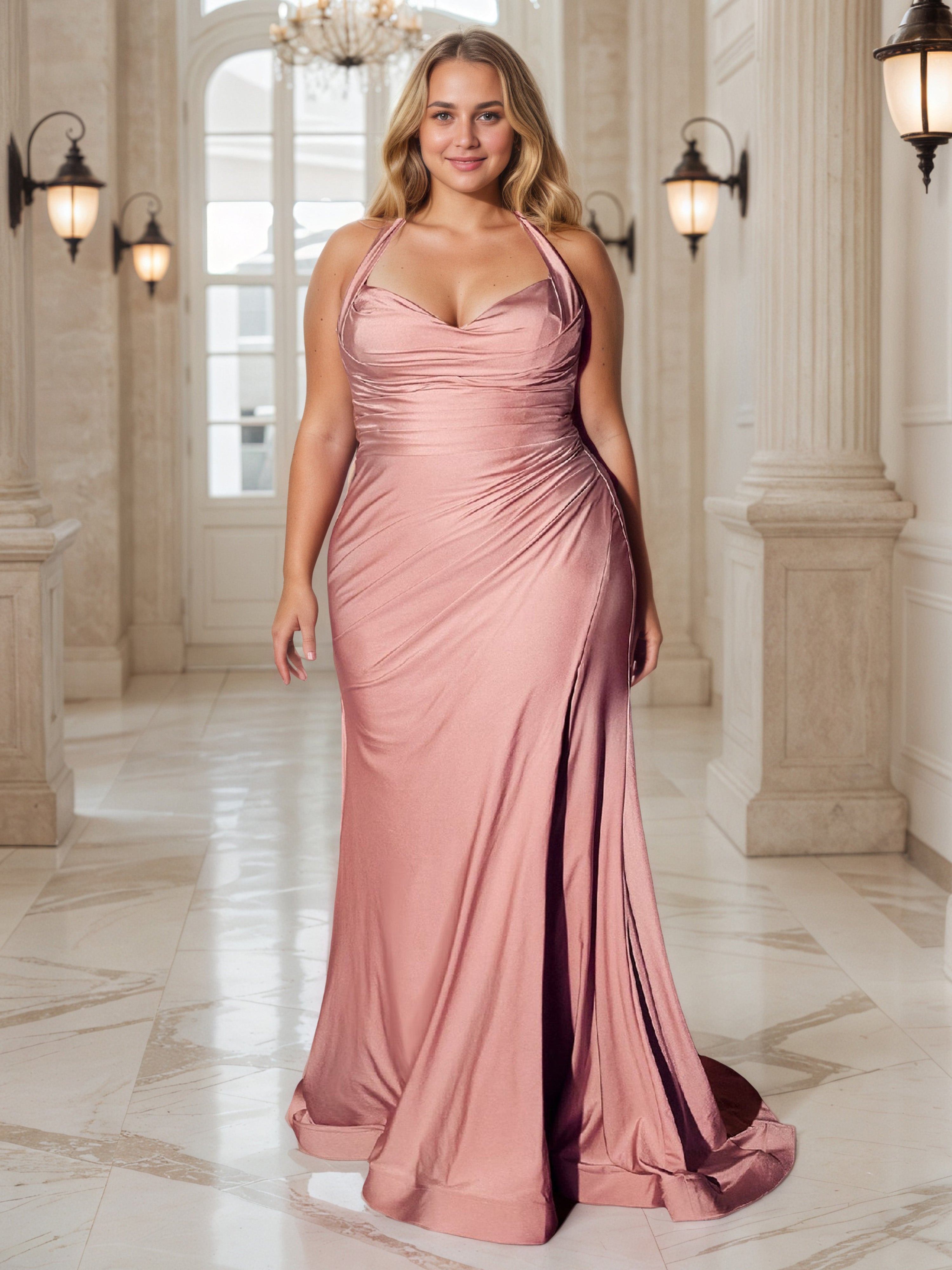 Dusty Rose Prom Dress Halter Sheath Pleats Sleeveless Plus Size Dress