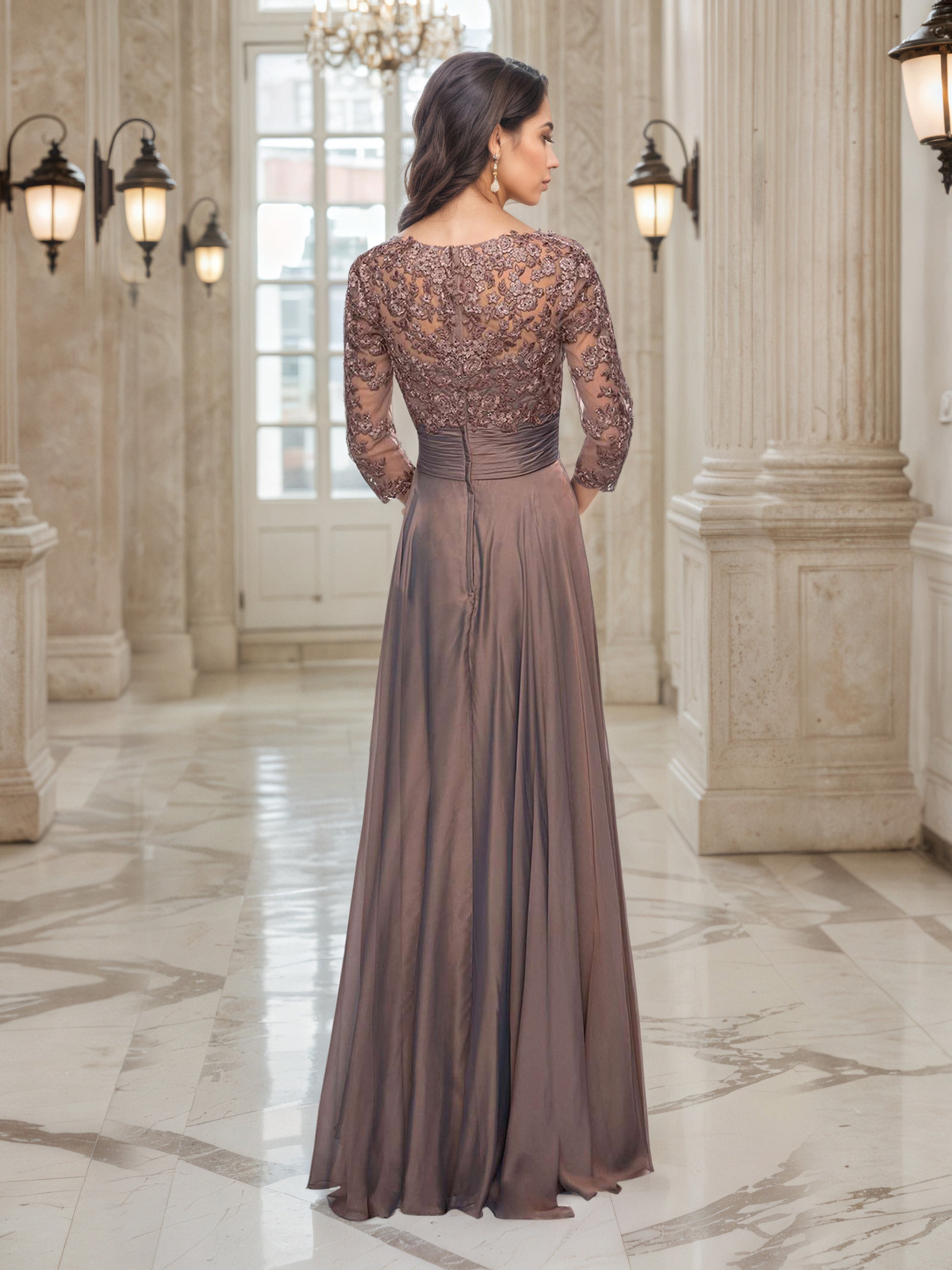 Brown A-Line V-Neck 3/4 Lace Sleeves Sleeves Prom Dress