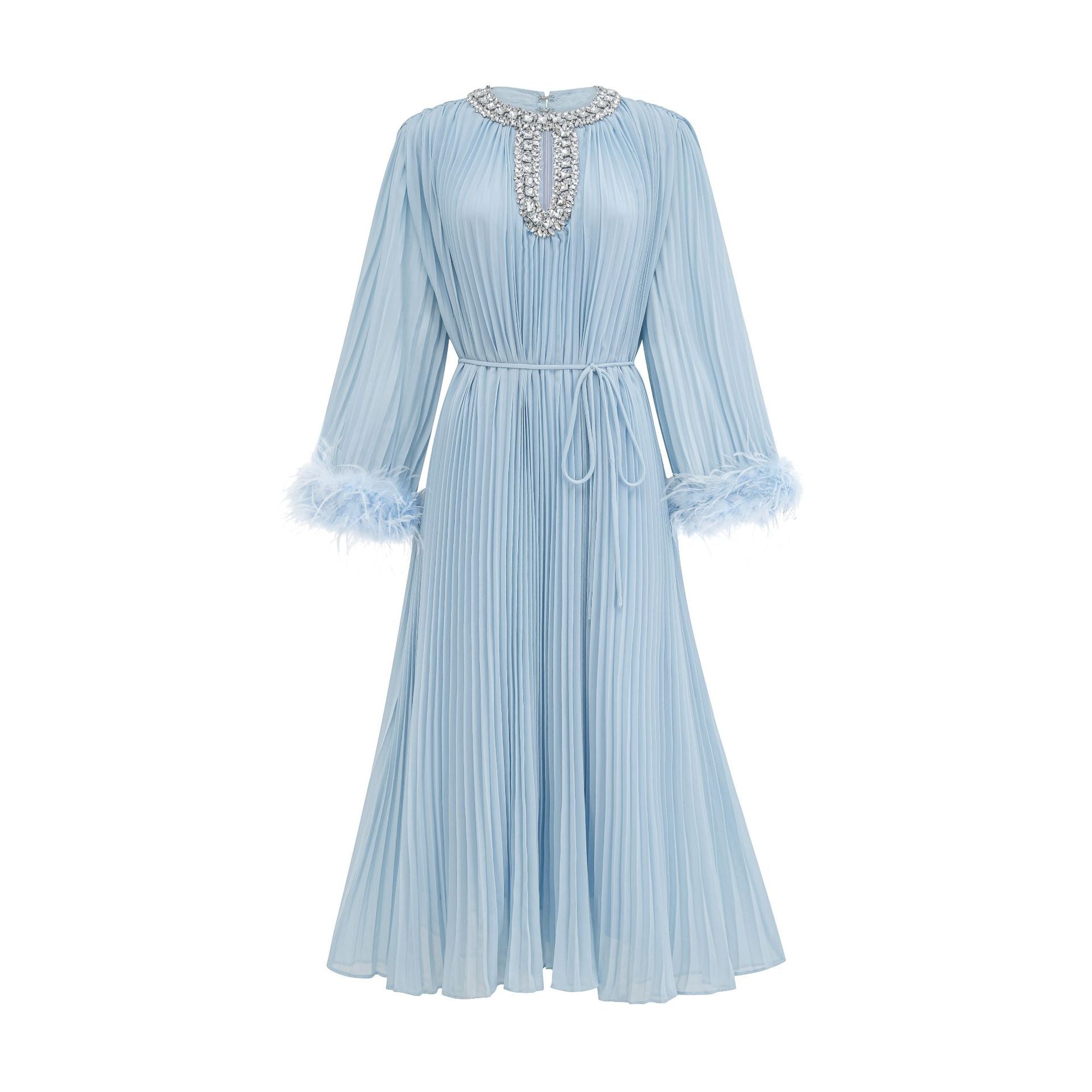 Round Neck Diamond Sleeves Pleated Blue Solid Color Long Prom Dress
