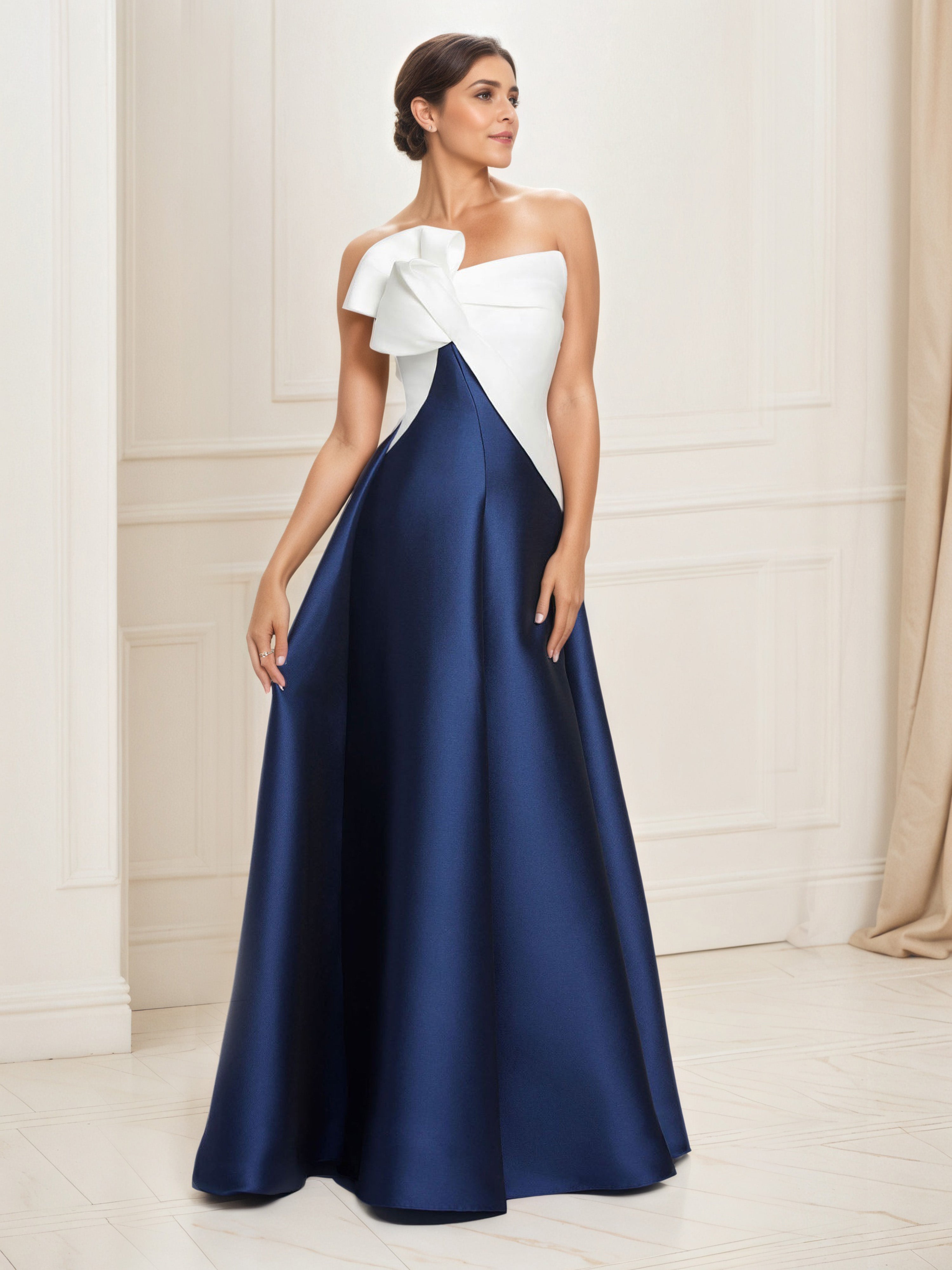 Satin Dark Navy Blue and White Prom Dresses Floor Length A-Line Prom D Satin Dark Navy Blue and White Prom Dresses Floor Length A-Line Prom D