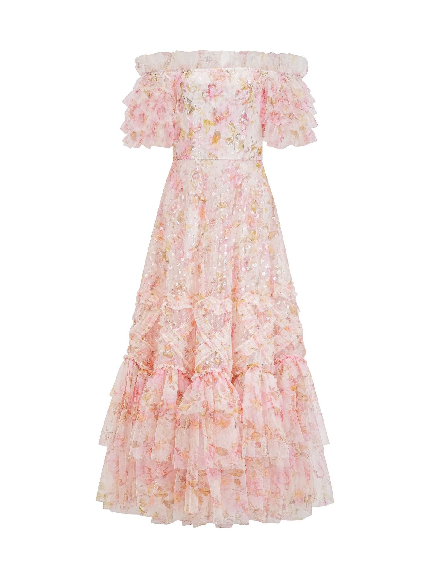 Off The Shoulder Ruffles Sequins Layers Floral Long Prom Dress